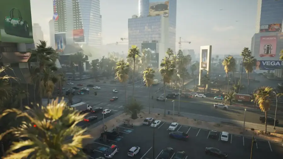 The text on the image reads "PLEINATE MEAT DELMONICIA ME VEGA UIC." However, this text does not seem to be related to the image of a city street with palm trees and cars. It is possible that the text is unrelated or a mistake.