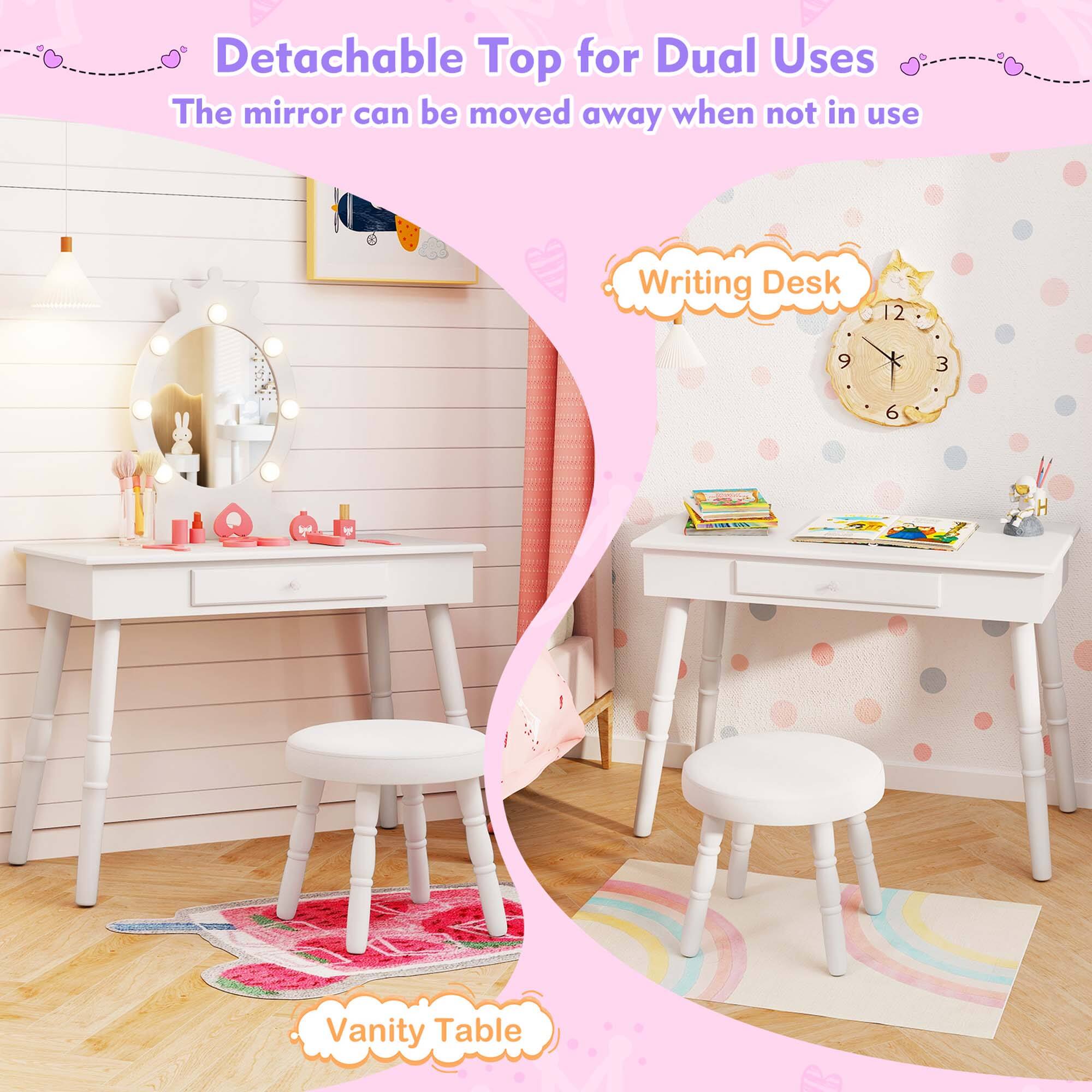 The text on the image can be grouped and corrected as follows:

**Detachable Top for Dual Uses**
- The mirror can be moved away when not in use.

**Writing Desk**

**Vanity Table**