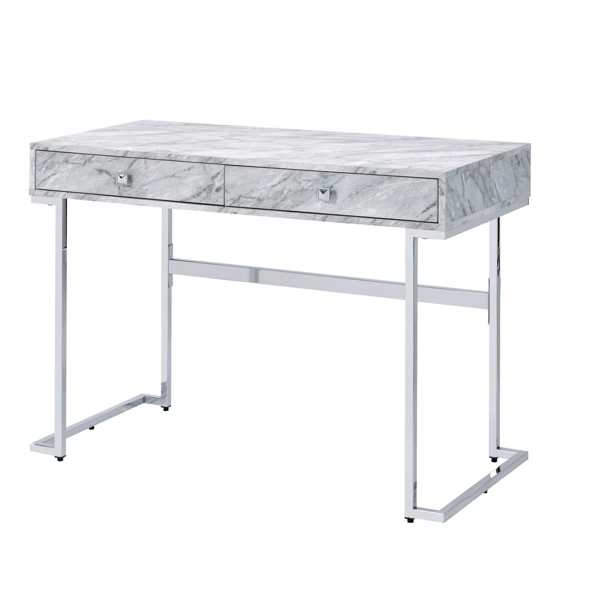 GOODSILO - Modern Printed Faux Marble Top Writing Desk with Chrome Finish and Storage Drawers - White