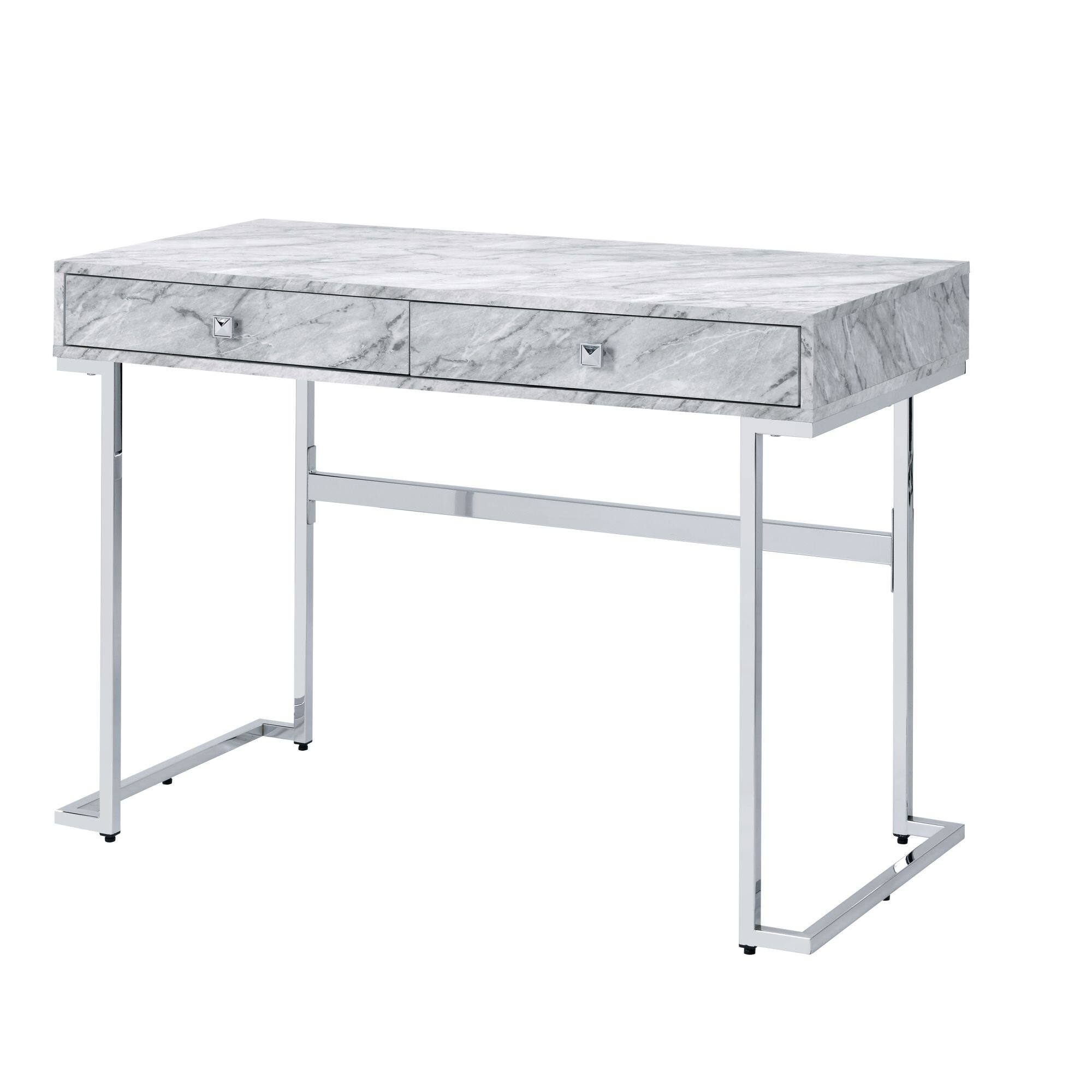 Front. GOODSILO - Modern White Printed Faux Marble Top Writing Desk with Chrome Finish and Storage Drawers - White.