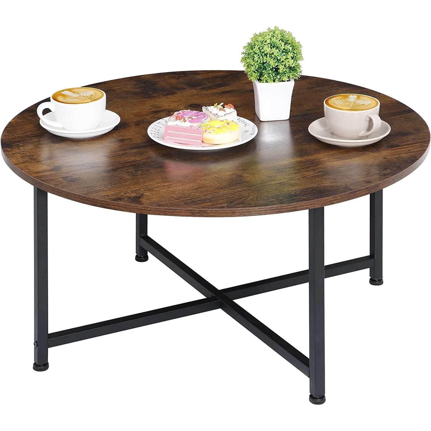 SlickBlue - Round Wood Top Coffee Table with Modern Industrial Design - Brown