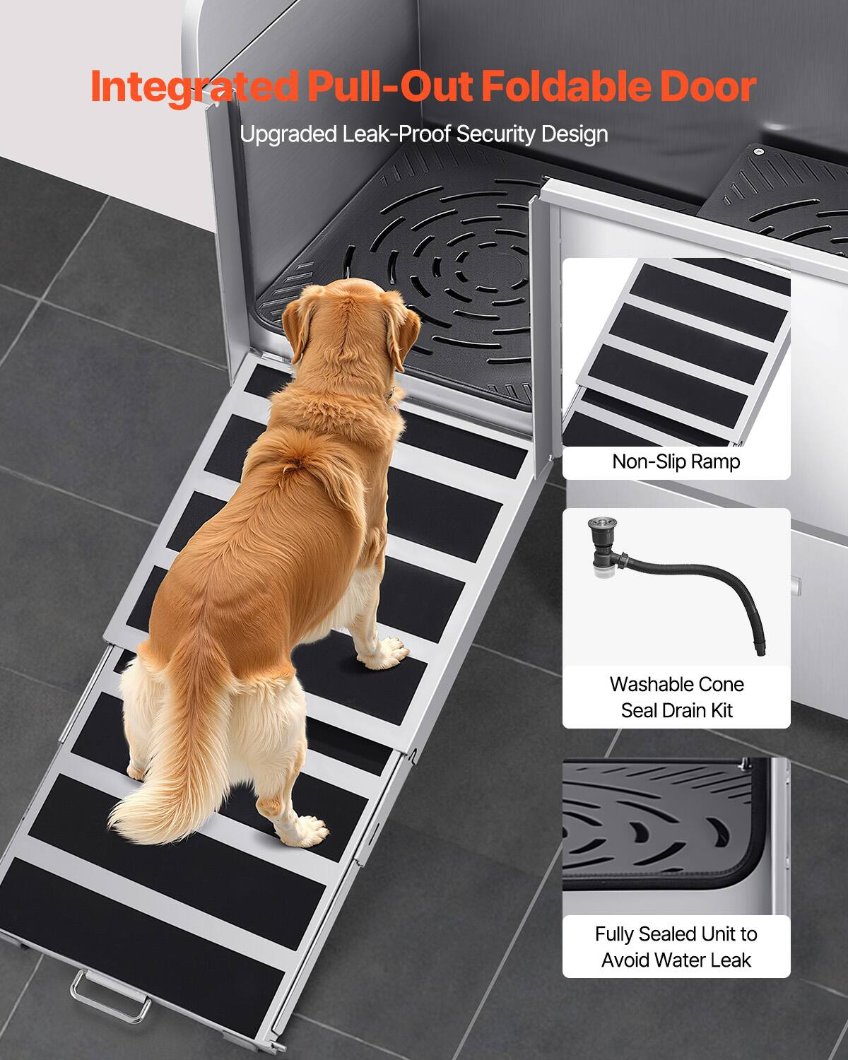 Integrated Pull-Out Foldable Door  
Upgraded Leak-Proof Security Design  

- Non-Slip Ramp  
- Washable Cone Seal Drain Kit  
- Fully Sealed Unit to Avoid Water Leak