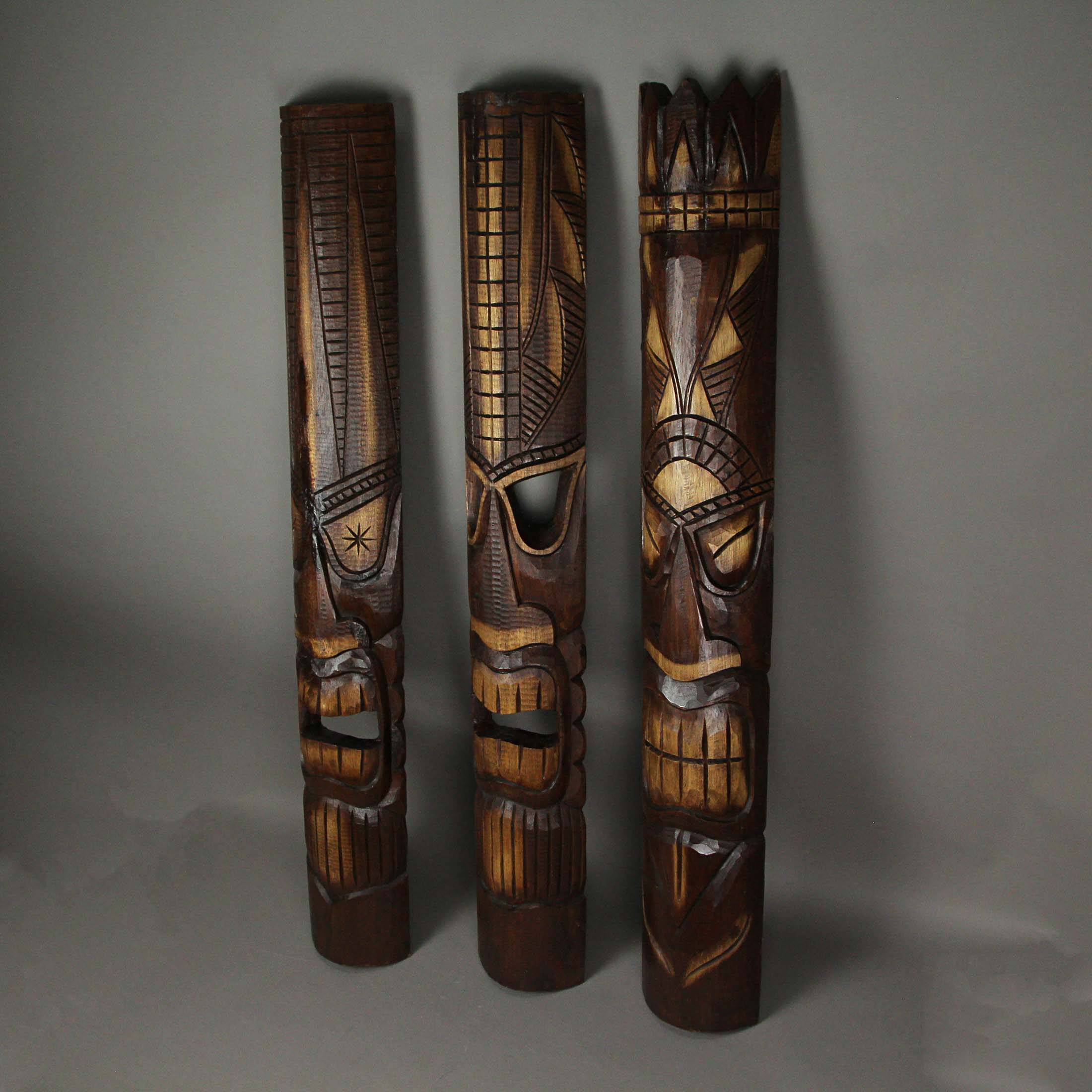 Alt View 1. Zeckos - 40 Inch Carved Wood Tiki God Masks Tropical Beach Hawaiian Home Decor Set of 3 - Brown.