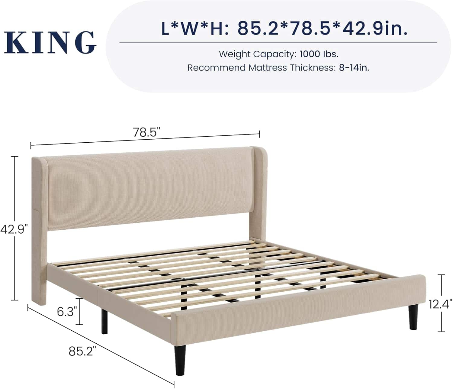 GARVEE- King Bed Frame with Wingback Headboard, Vertical Stripe Velvet, 2 Storage Pockets, Wood Slats, Easy Assembly- Beige