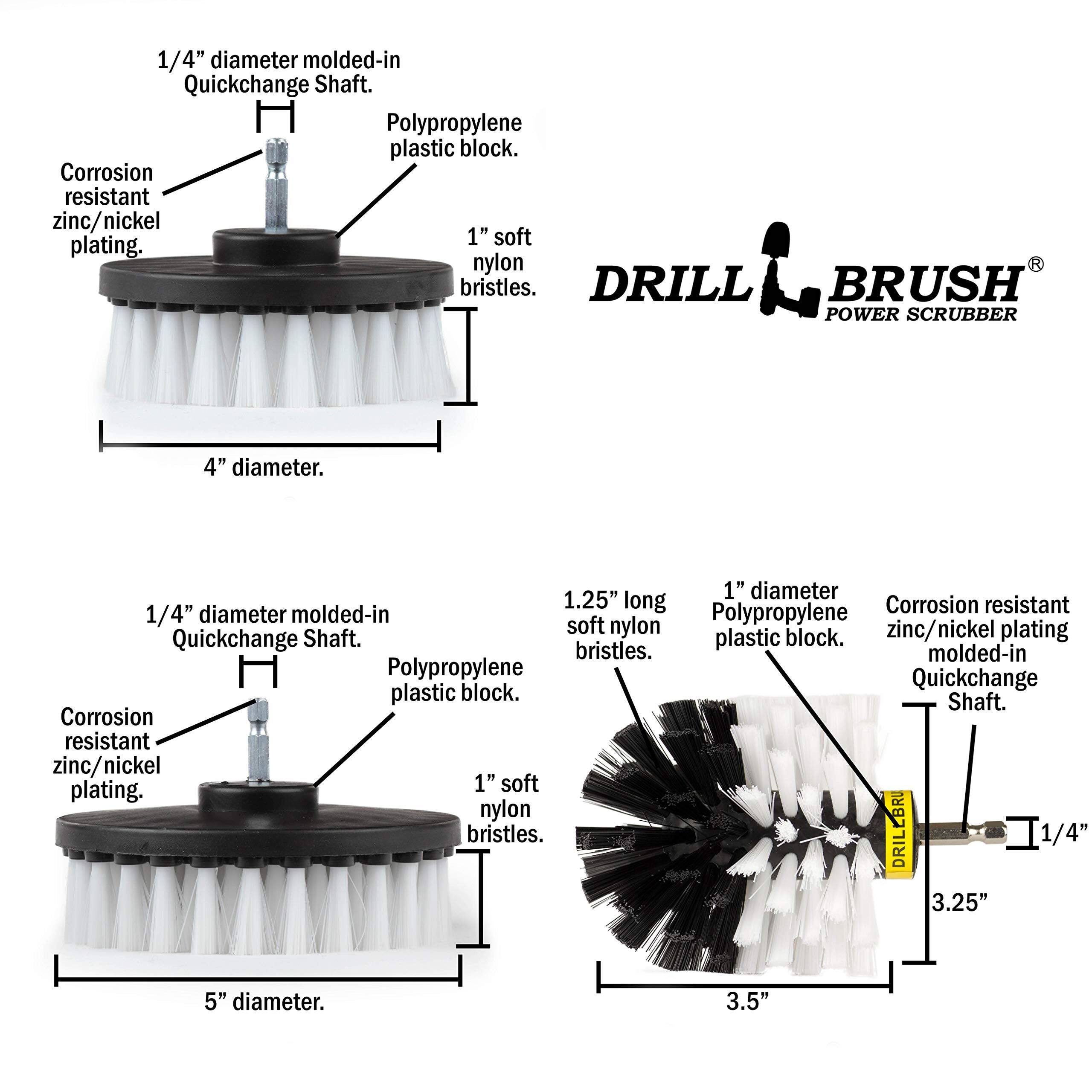 1/4" diameter molded-in Quickchange Shaft. Polypropylene plastic block. Corrosion resistant zinc/nickel plating. 1" soft nylon bristles. DRILL BRUSH POWER SCRUBBER 4" diameter. 1.25" long soft nylon bristles. 1" diameter Polypropylene plastic block. Corrosion resistant 1/4" diameter Quickchange Shaft. DRILLBRU 3.25" 5" diameter. 3.5"