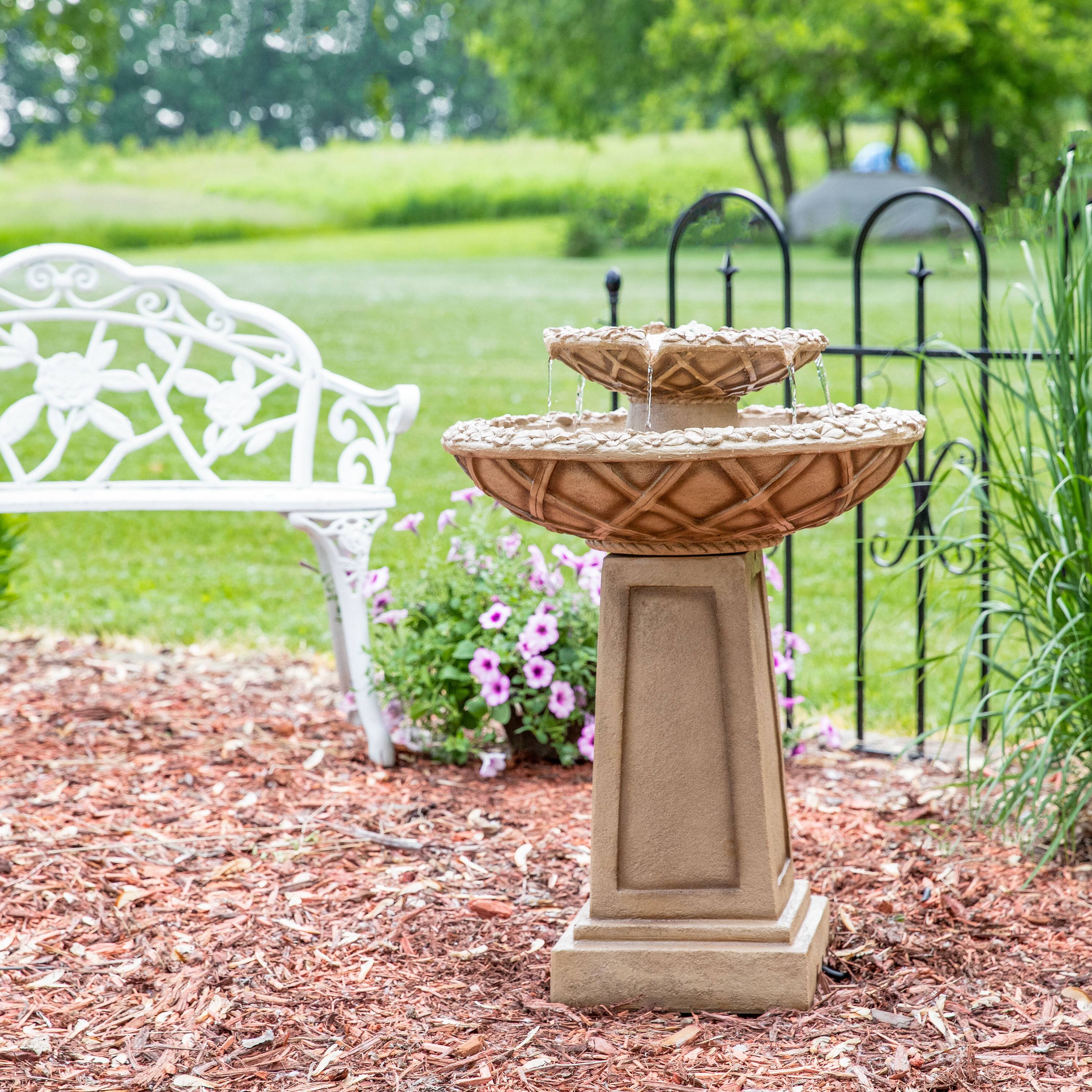Alt View 4. Sunnydaze - Beveled Flower Polyresin Outdoor 2-Tier Bird Bath Fountain - Light Brown.