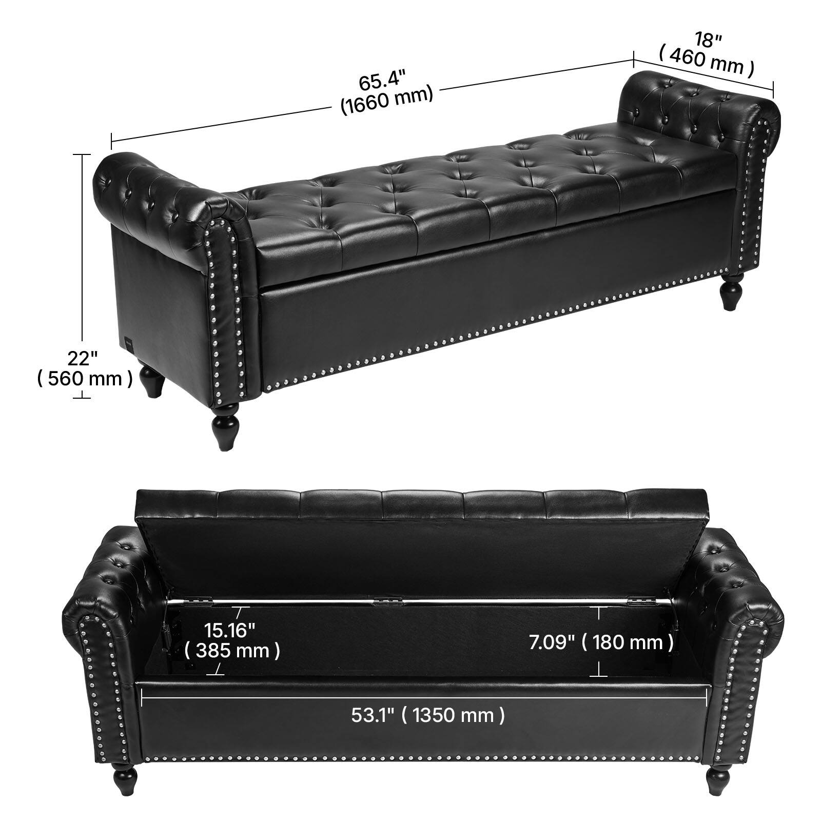 - 65.4" (1660 mm)
- 18" (460 mm)
- 22" (560 mm)
- 15.16" (385 mm)
- 7.09" (180 mm)
- 53.1" (1350 mm)
