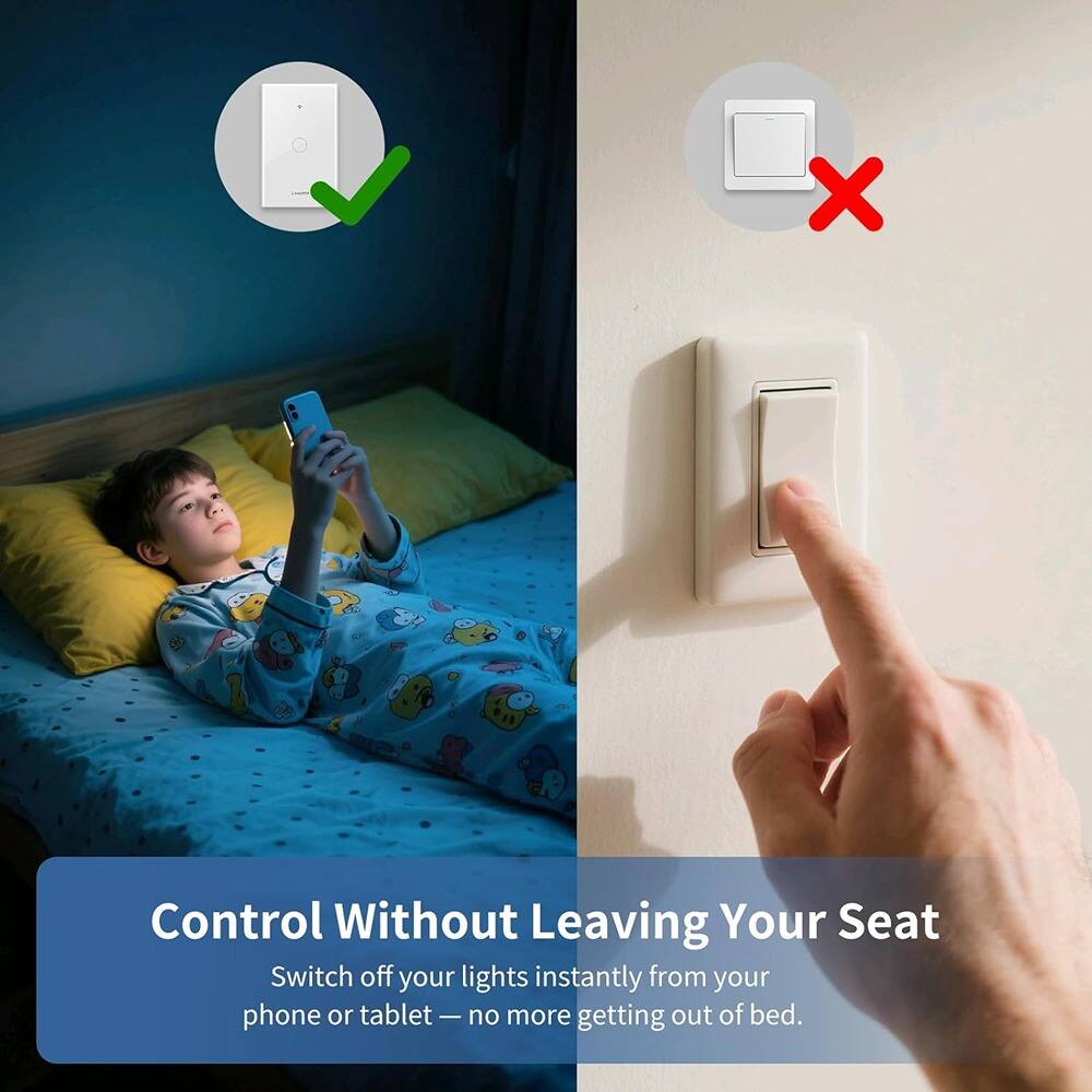 Control Without Leaving Your Seat

Switch off your lights instantly from your phone or tablet — no more getting out of bed.