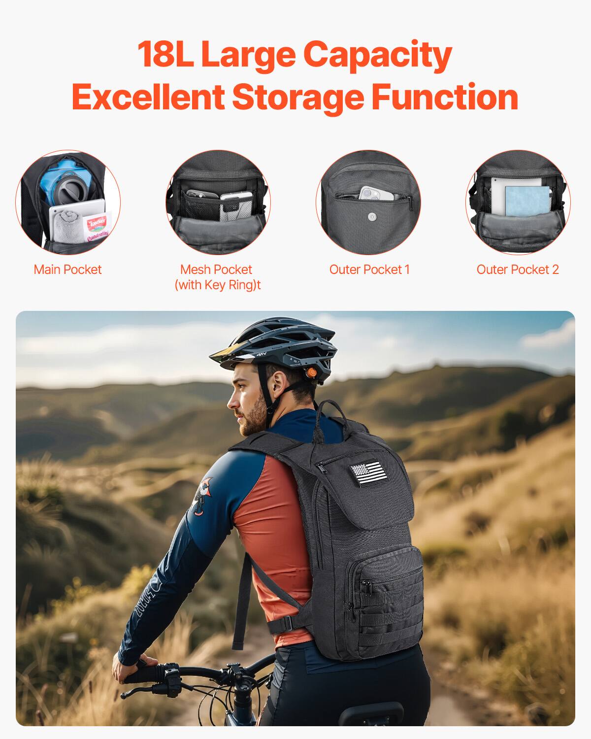 18L Large Capacity  
Excellent Storage Function  

Main Pocket  
Mesh Pocket (with Key Ring)  
Outer Pocket 1  
Outer Pocket 2