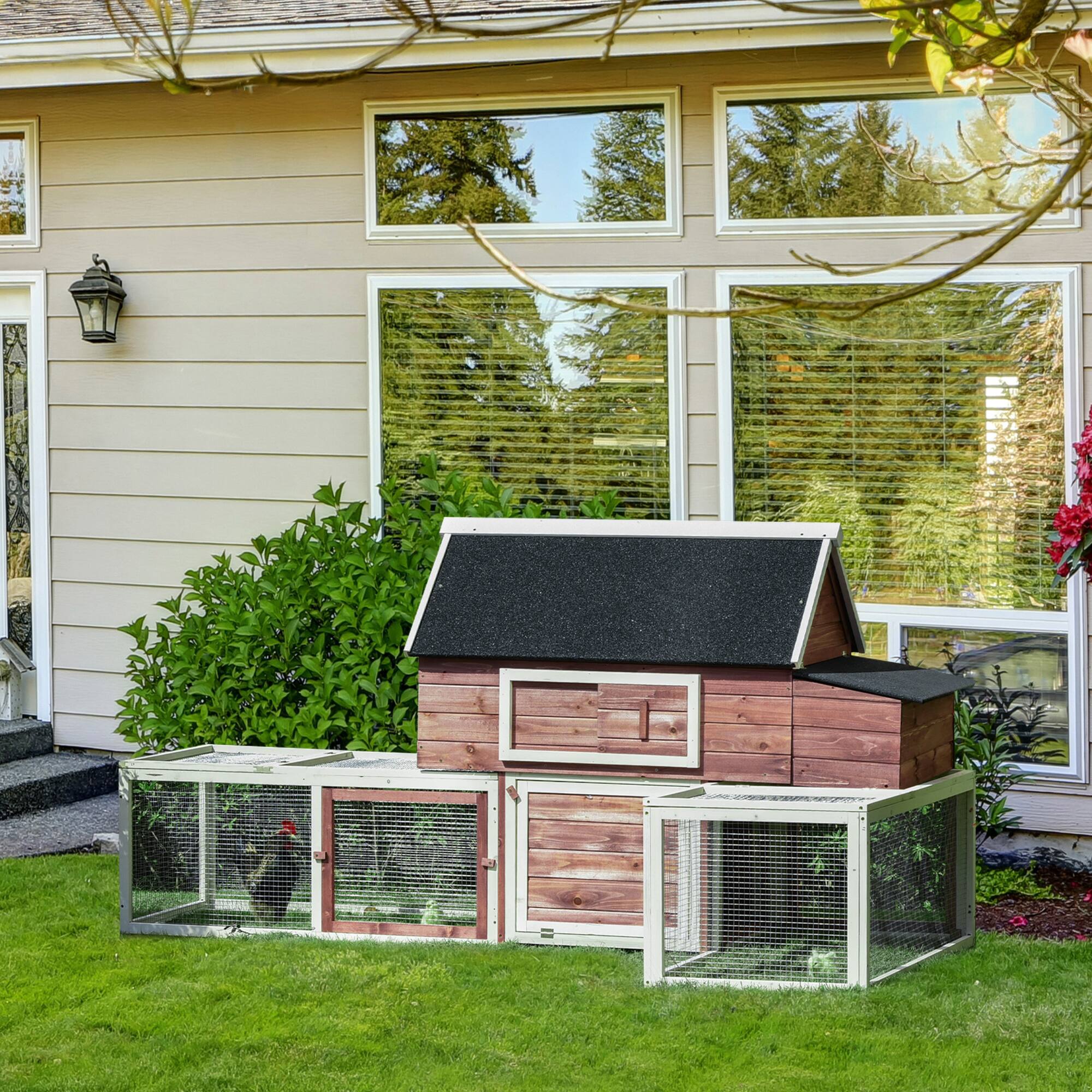 Angle. Pawhut - 114" Customizable Wooden Outdoor Chicken Coop, Poultry Hen House with Nesting Box, Double Runs, Asphalt Roof, Ramp.