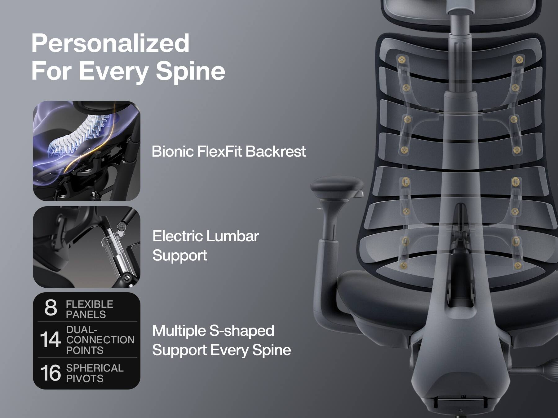 Personalized For Every Spine

Bionic FlexFit Backrest

Electric Lumbar Support

8 FLEXIBLE PANELS
14 DUAL-CONNECTION POINTS
16 SPHERICAL PIVOTS

Multiple S-shaped Support Every Spine