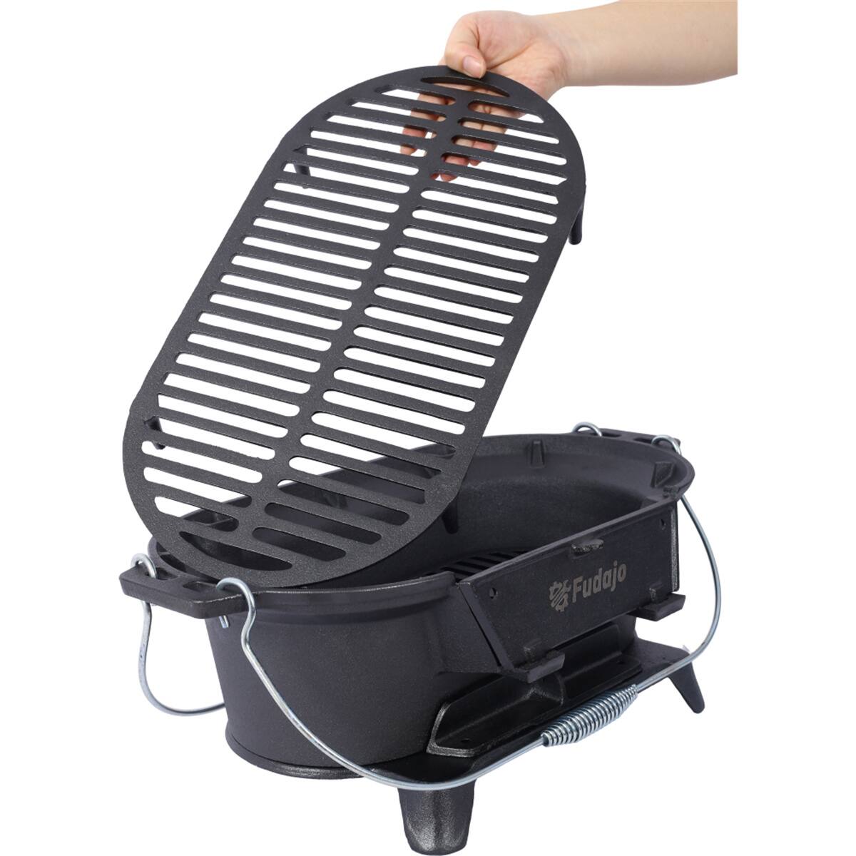 Alt View 3. HTUTWOO - Oval Cast Iron Grill Outdoor - Portable Charcoal Grill and Tabletop Skillet,100% Cast Iron,Small BBQ Grill,Camping Stove - Black.