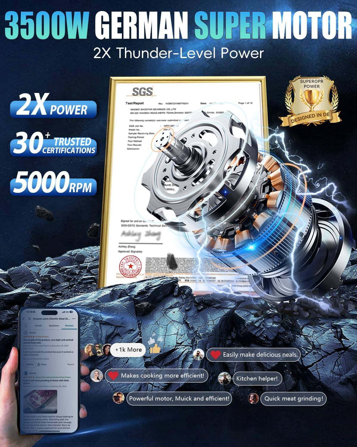 3500W GERMAN SUPER MOTOR  
2X Thunder-Level Power  

2X POWER  
30+ TRUSTED CERTIFICATIONS  
5000 RPM  

Easily make delicious meals.  
Makes cooking more efficient!  
Powerful motor, Quick and efficient!  
Kitchen helper!  
Quick meat grinding!  

DESIGNED IN DE  
SUPEROPR POWER