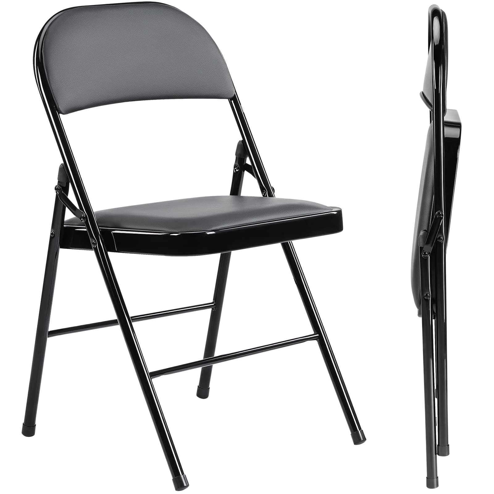 AENKYO - 2 PCS Folding Chair Leather Padded Folding Chairs with Metal Frame for Home, Office, Party - Black
