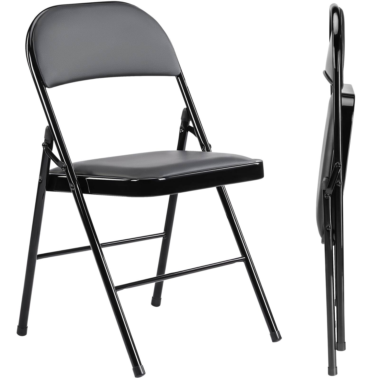 Front. AENKYO - 2 PCS Folding Chair Leather Padded Folding Chairs with Metal Frame for Home, Office, Party - Black.