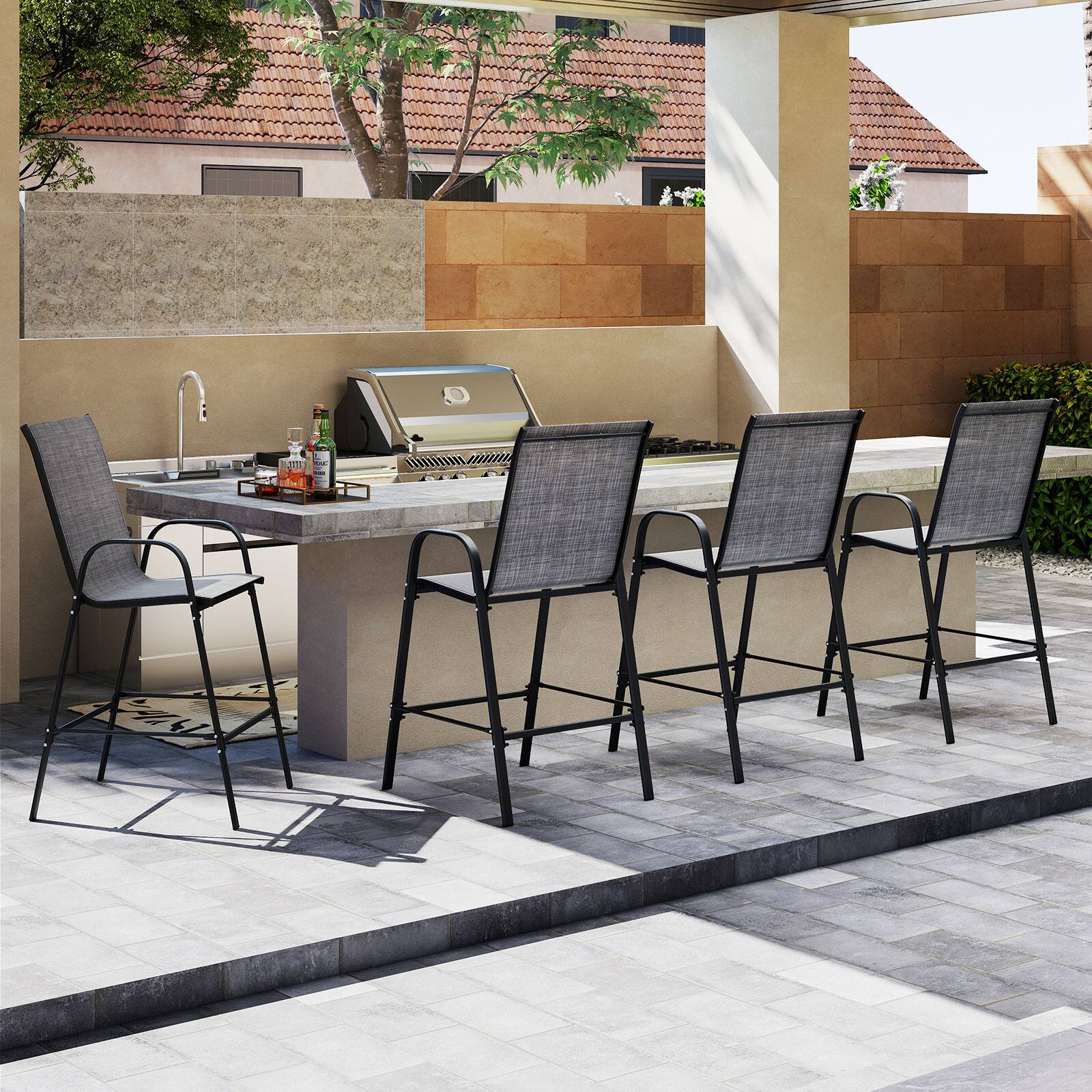 Alt View 1. Gymax - Gymax 4PCS Outdoor Bar Stools 29'' Fabric Bar Height Stools w/ Armrests & Footrest Gray - Gray.