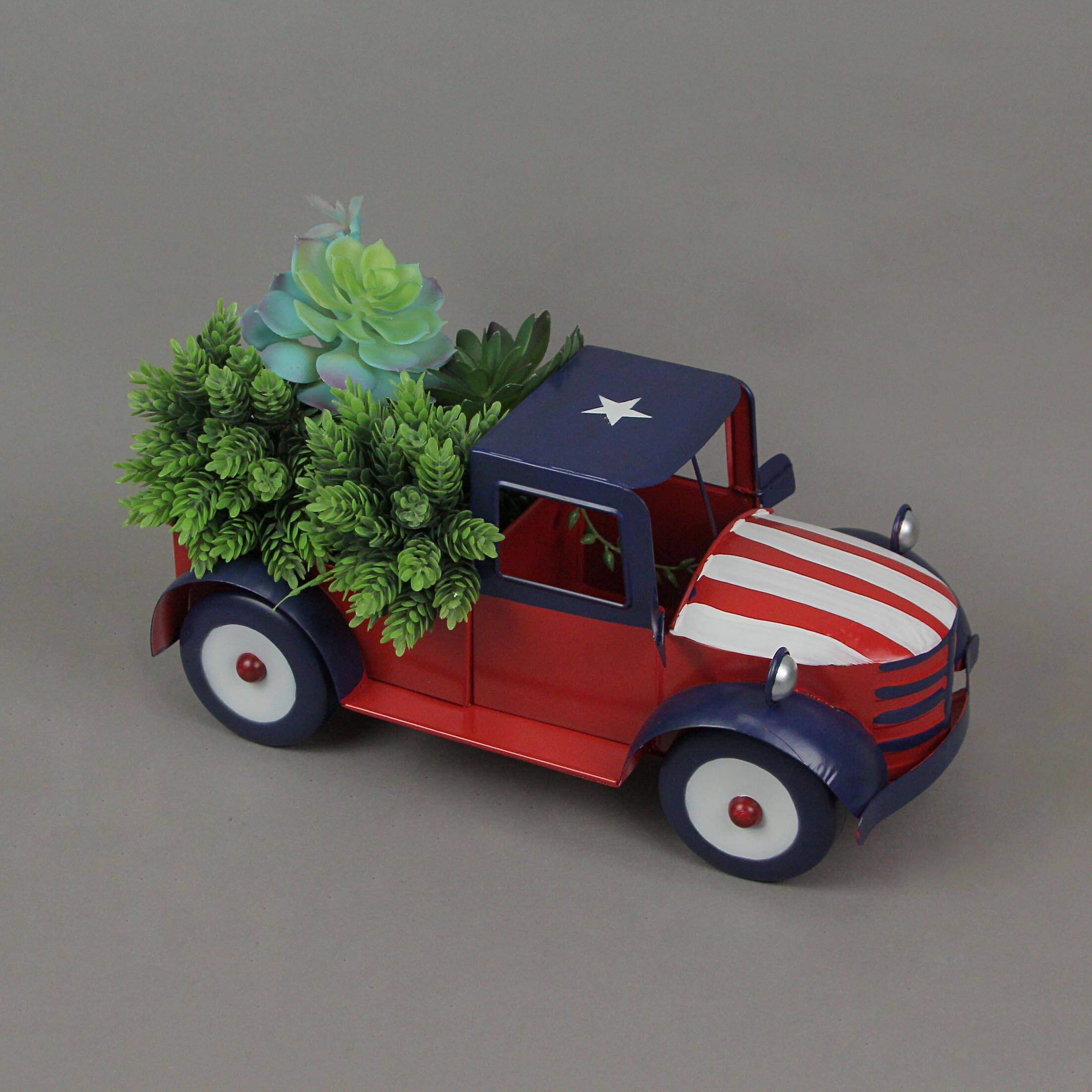 Alt View 1. Things2Die4 - Rustic Red Metal Vintage Patriotic Pickup Truck Planter Antique Stars & Stripes - Red.
