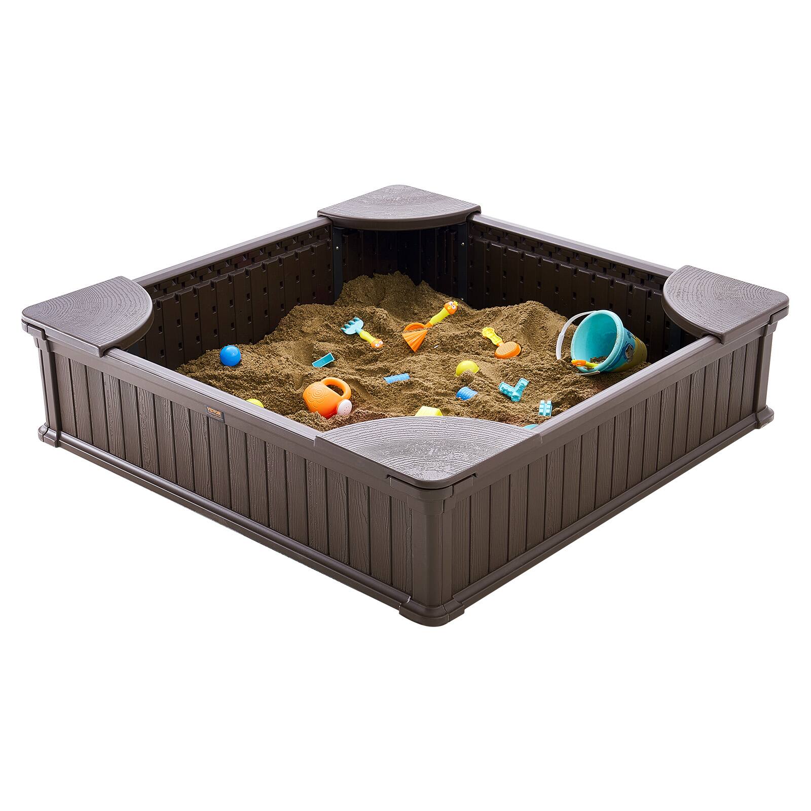 Alt View 5. VEVOR - Sandbox with Cover, 48.6x48.6x12.4 in Square Sand Box, HDPE Sand Pit with 4 Corner Seating and Bottom Liner,Kids Sandbox - Brown.