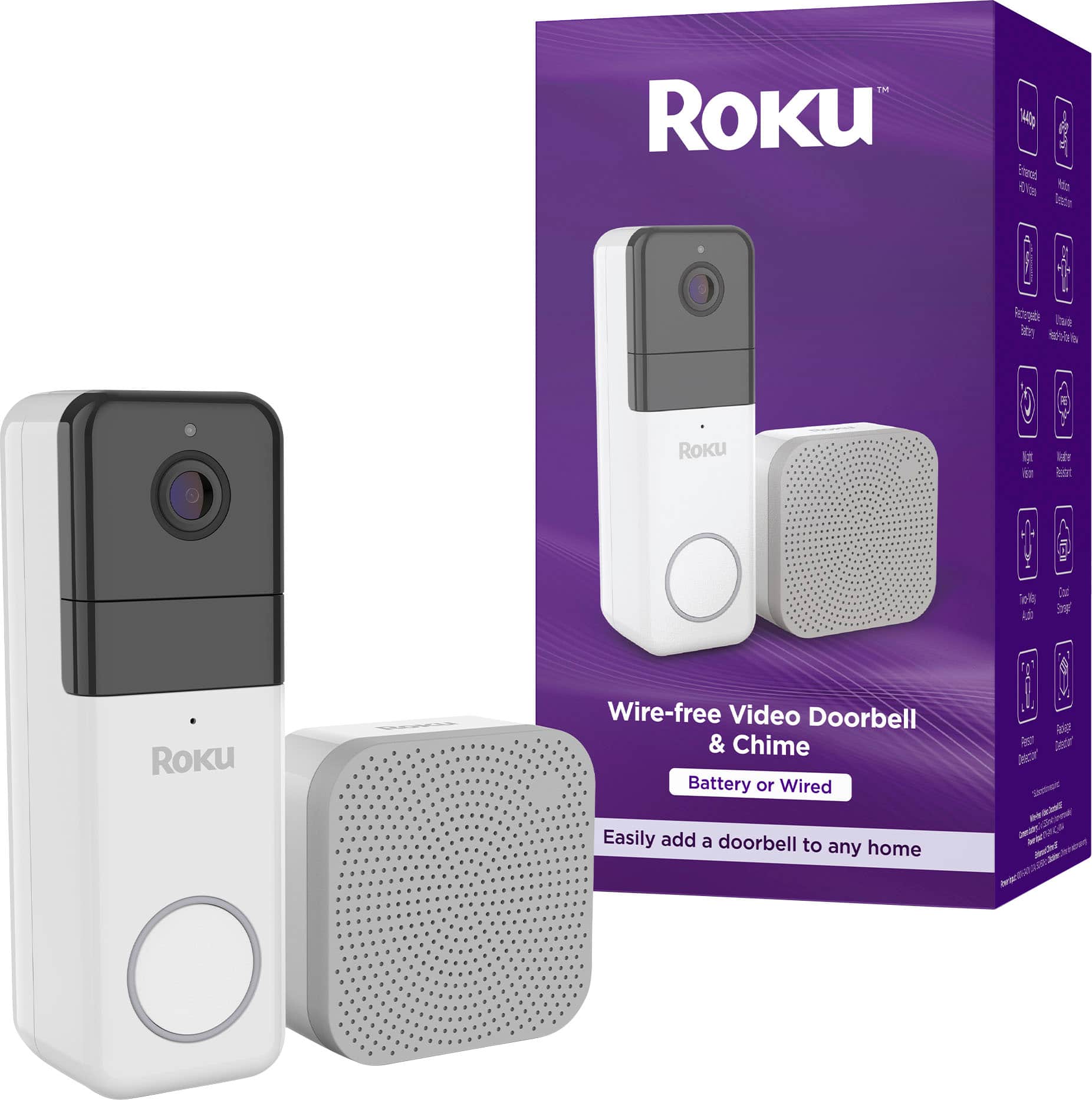 The text on the image reads: "Roku Wire-free Video Doorbell & Chime Battery or Wired Easily add a doorbell to any home."