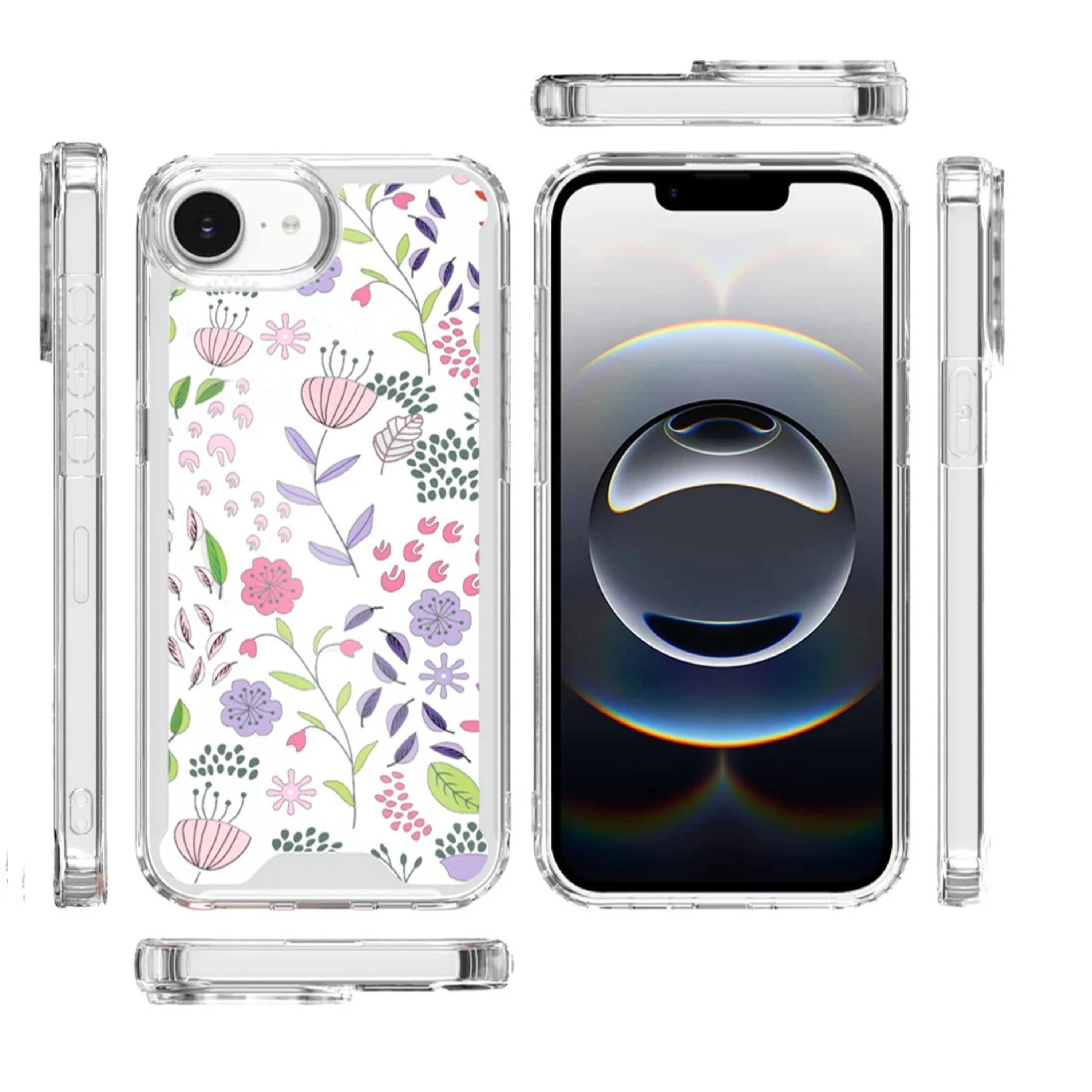 Angle. Kitcheniva - Cute Print Design Clear TPU Phone Case With Tempered Glass For iPhone 16e 17e Purple And Green - White.