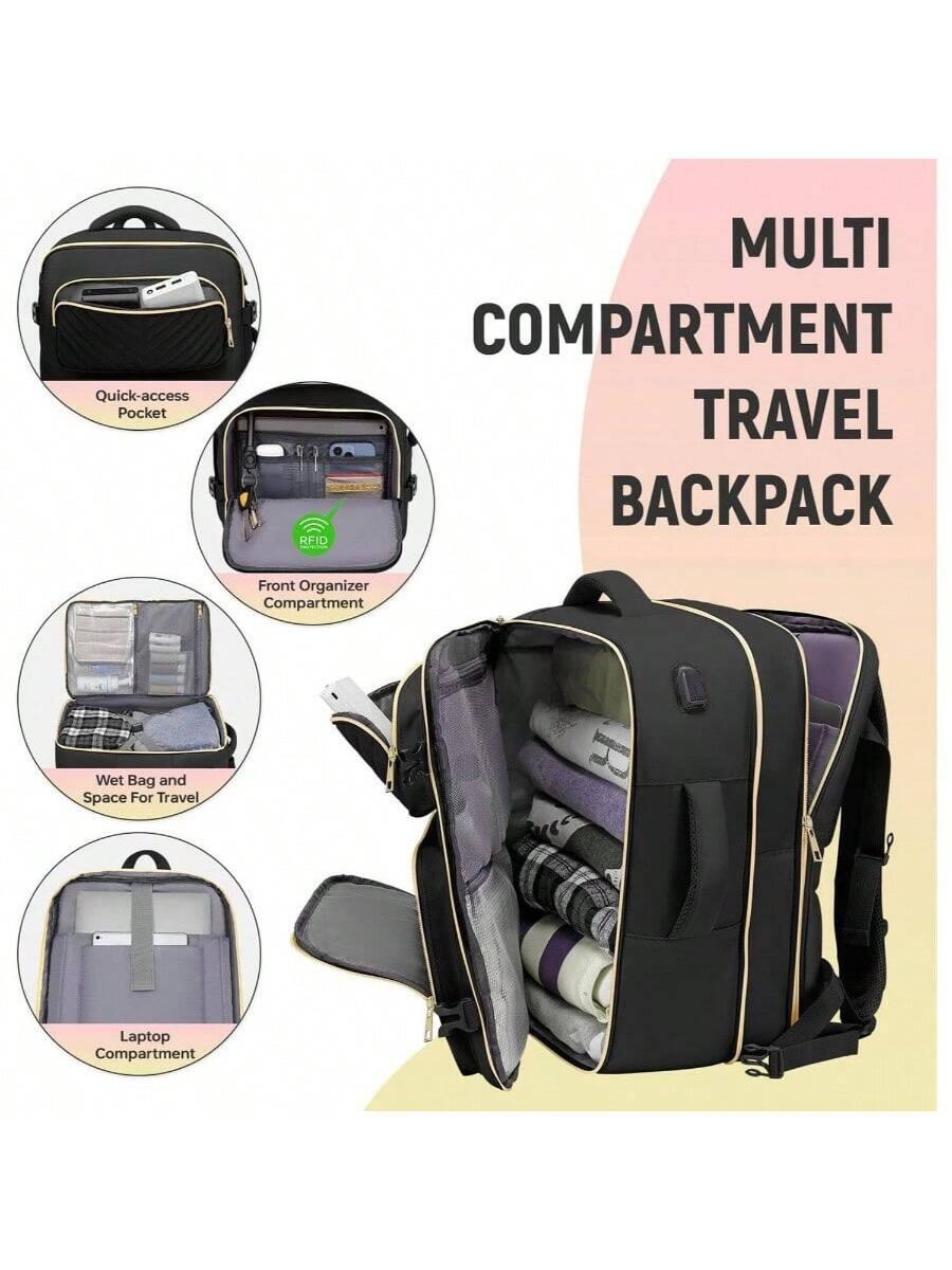 Quick-access Pocket  
RFID Front Organizer Compartment  
Wet Bag and Space For Travel  
Laptop Compartment  

MULTI COMPARTMENT TRAVEL BACKPACK