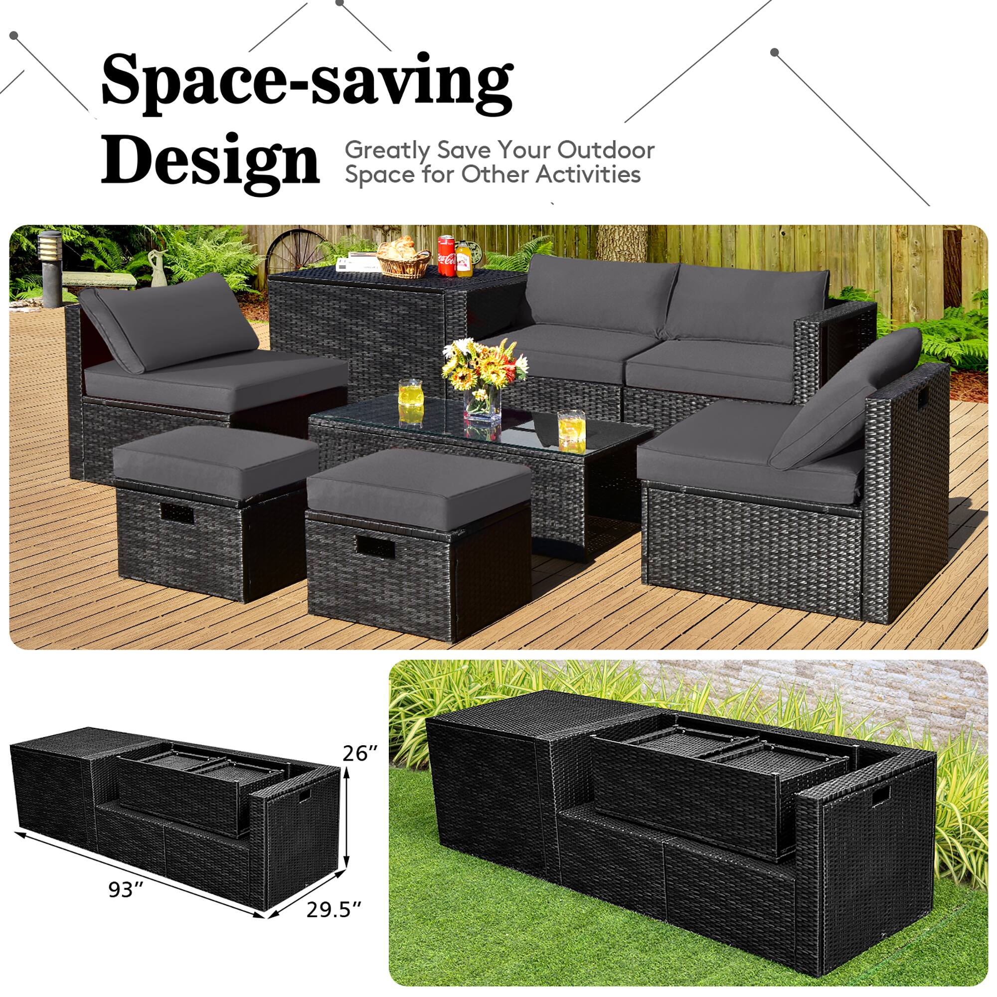 Space-saving Design  
Greatly Save Your Outdoor Space for Other Activities  

26" 93" 29.5"