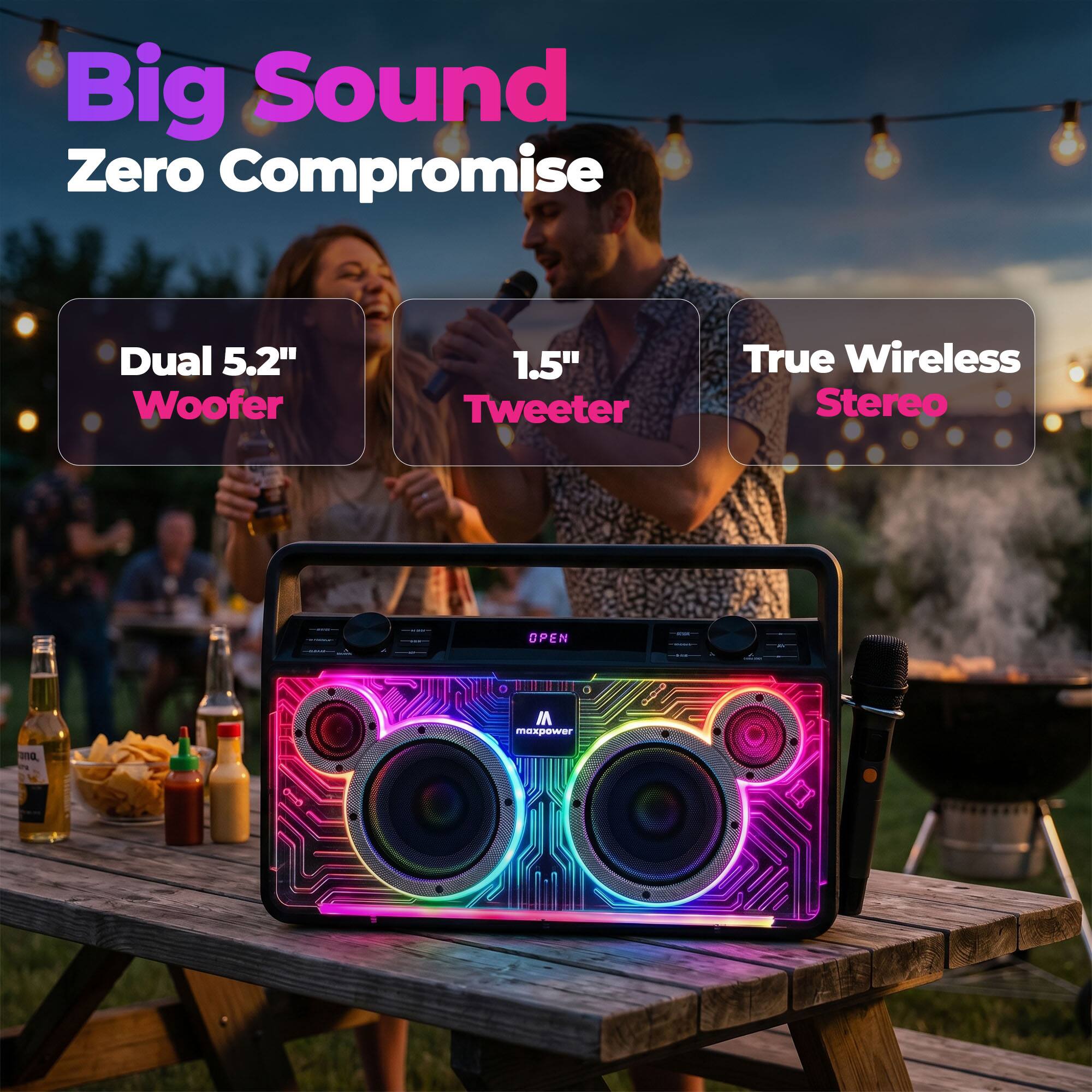Big Sound Zero Compromise Dual 5.2" Woofer 1.5" Tweeter True Wireless Stereo OPEN maxpower