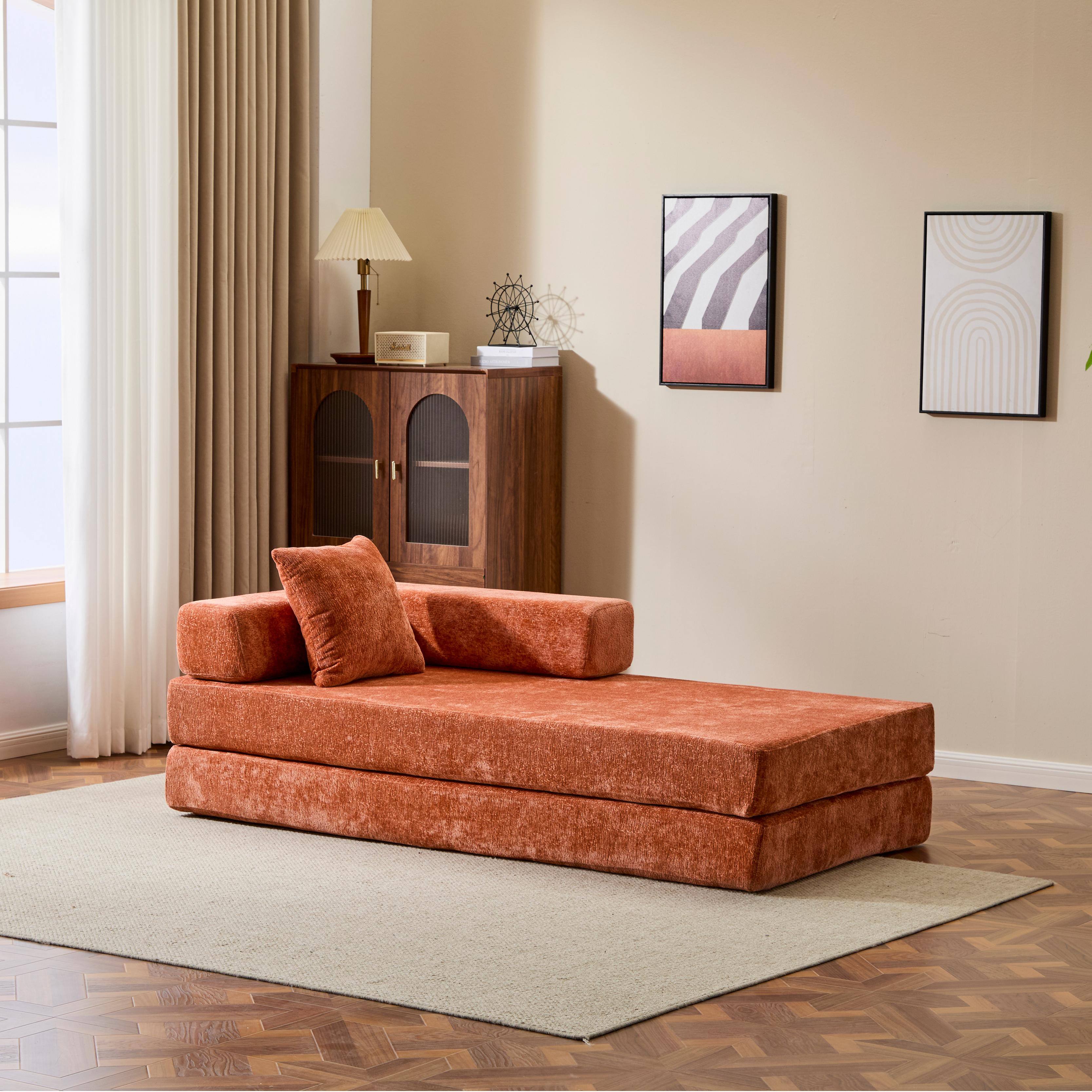 Alt View 5. Anysun - Chenille Convertible Floor Sofa Bed with Pillow Support & Armrest - Compression Couch Sleeper for Living Room & Bedroom - Orange.
