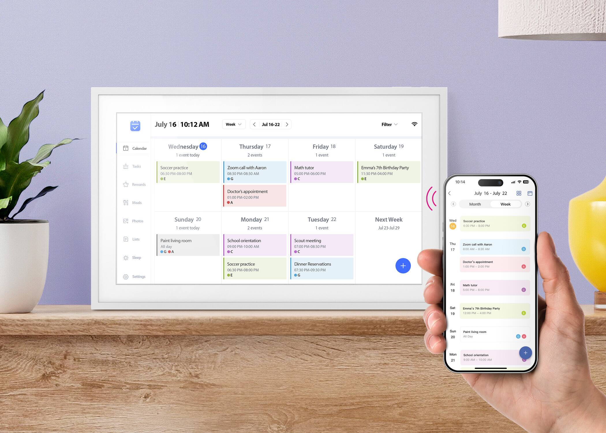 **July 16 - July 22**

**Wednesday 16**
- Soccer practice 06:30 PM - 08:00 PM

**Thursday 17**
- Zoom call with Aaron 08:30 PM - 08:30 AM
- Doctor's appointment 01:00 PM - 02:00 PM

**Friday 18**
- Math tutor 05:00 PM - 06:00 PM

**Saturday 19**
- Emma's 7th Birthday Party 11:30 PM - 04:00 PM

**Sunday 20**
- Paint living room All day

**Monday 21**
- School orientation 09:00 AM - 10:00 AM
- Soccer practice 06:30 PM - 08:00 PM

**Tuesday 22**
- Scout meeting 07:30 PM - 08:30 PM
- Dinner Reservations 07:30 PM - 09:00 PM

**Next Week (July 23 - July 29)**
-