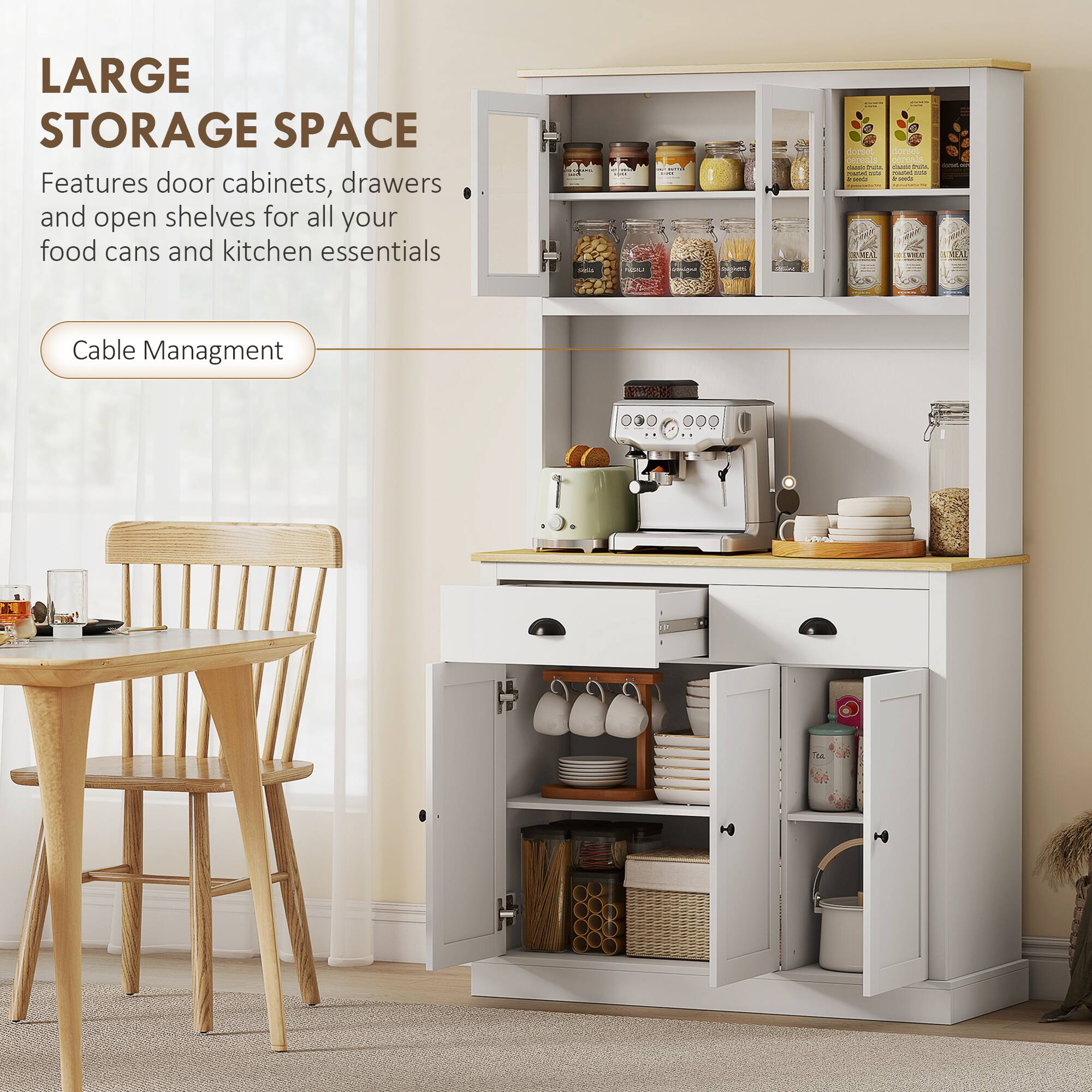 LARGE STORAGE SPACE  
Features door cabinets, drawers and open shelves for all your food cans and kitchen essentials  

Cable Management