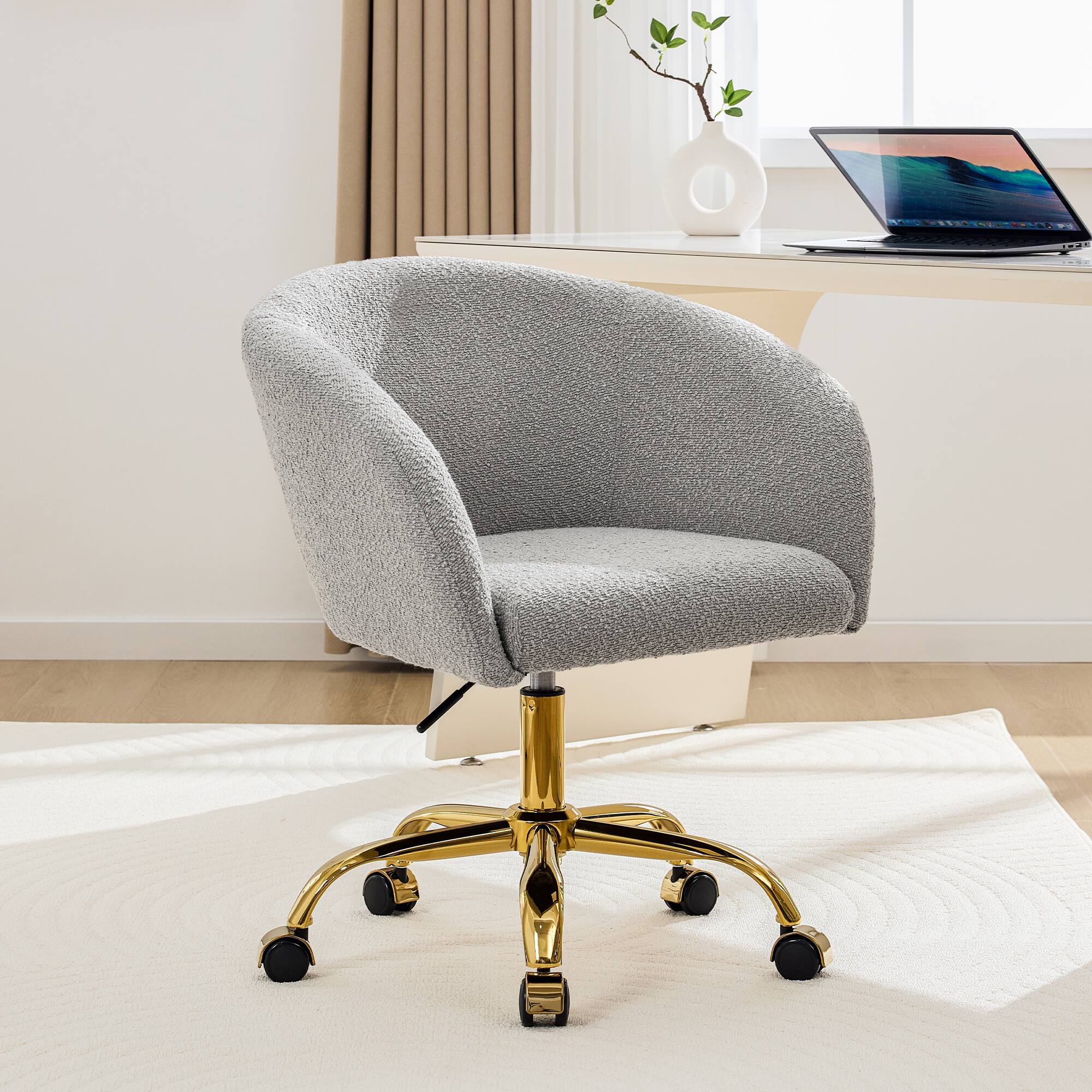 Front. KERDOM - Modern Vanity Chair with Back & Wheel, Swivel Rolling Home Office Armchair, Height Adjustable for Living Room, Bedroom - Grey.