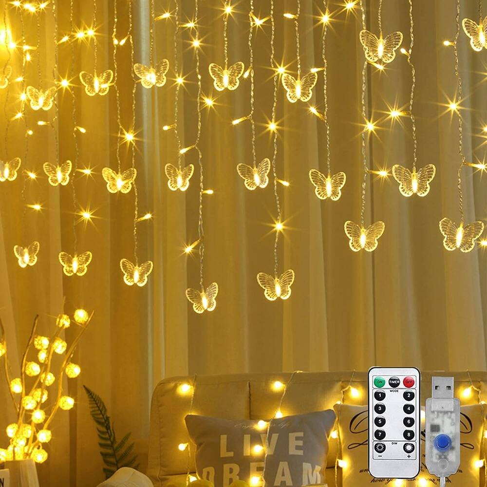 MOSZAR LLC - Butterfly Curtain Fairy Lights – 120 LEDs, USB, Warm White