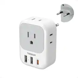 TESSAN - European Travel Plug Adapter, 7-in-1 Outlet Extender with 4 AC Outlets and 3 USB Ports (20W PD USB-C), Type C Adaptor - Gray,White
