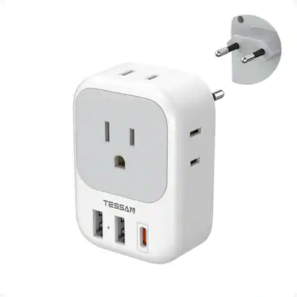 Front. TESSAN - European Travel Plug Adapter, 7-in-1 Outlet Extender with 4 AC Outlets and 3 USB Ports (20W PD USB-C), Type C Adaptor - Gray,White.