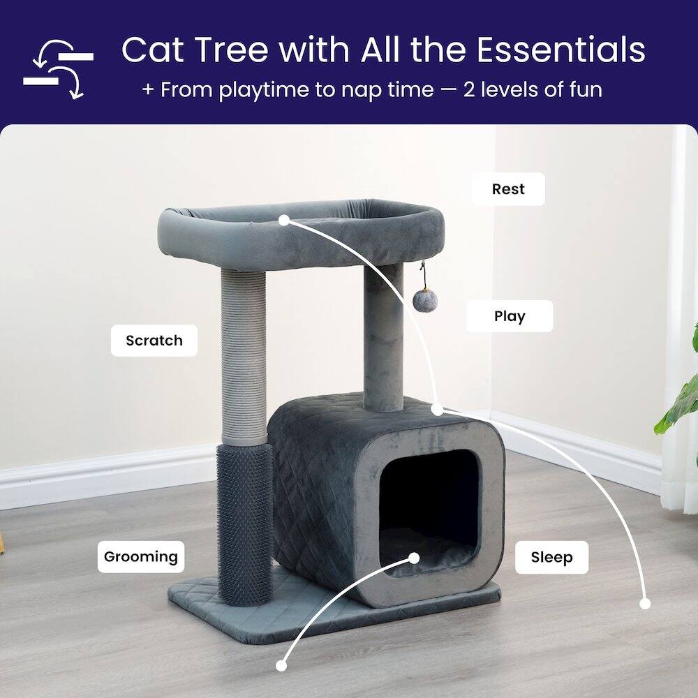 Cat Tree with All the Essentials  
+ From playtime to nap time – 2 levels of fun  

- Rest  
- Play  
- Scratch  
- Grooming  
- Sleep