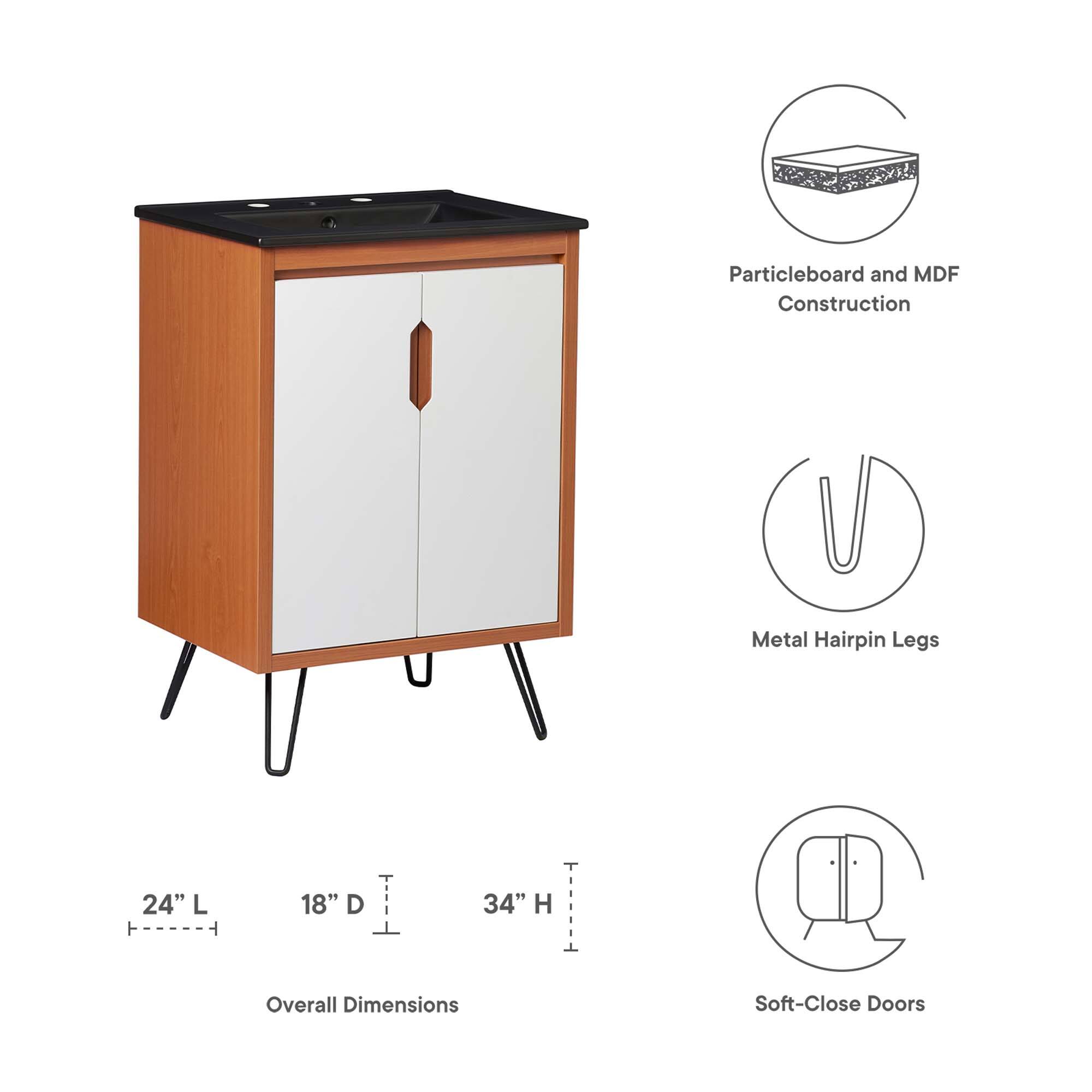 Particleboard and MDF Construction  
Metal Hairpin Legs  
24" L x 18" D x 34" H  
Overall Dimensions  
Soft-Close Doors
