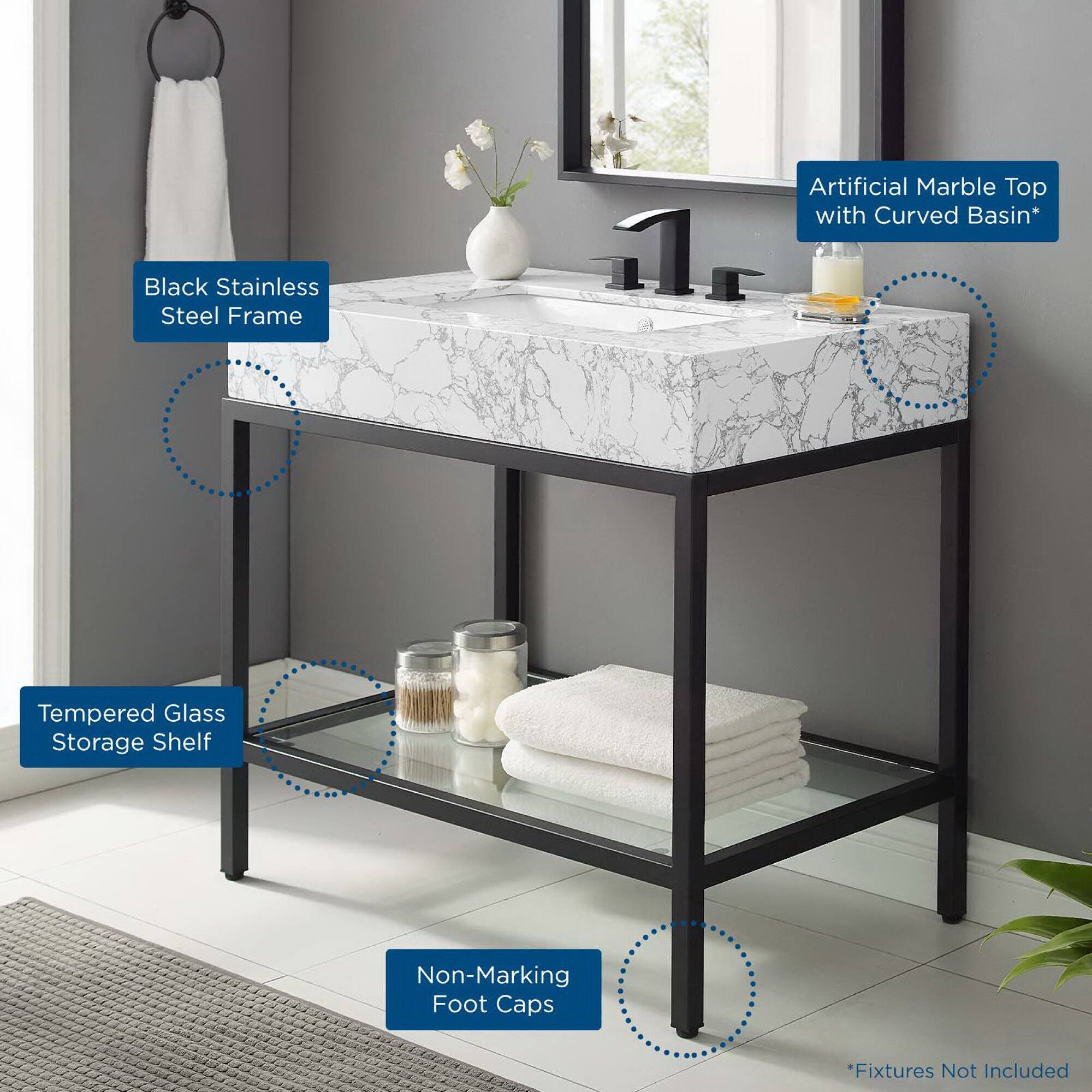 Artificial Marble Top with Curved Basin*  
Black Stainless Steel Frame  
Tempered Glass Storage Shelf  
Non-Marking Foot Caps  
*Fixtures Not Included