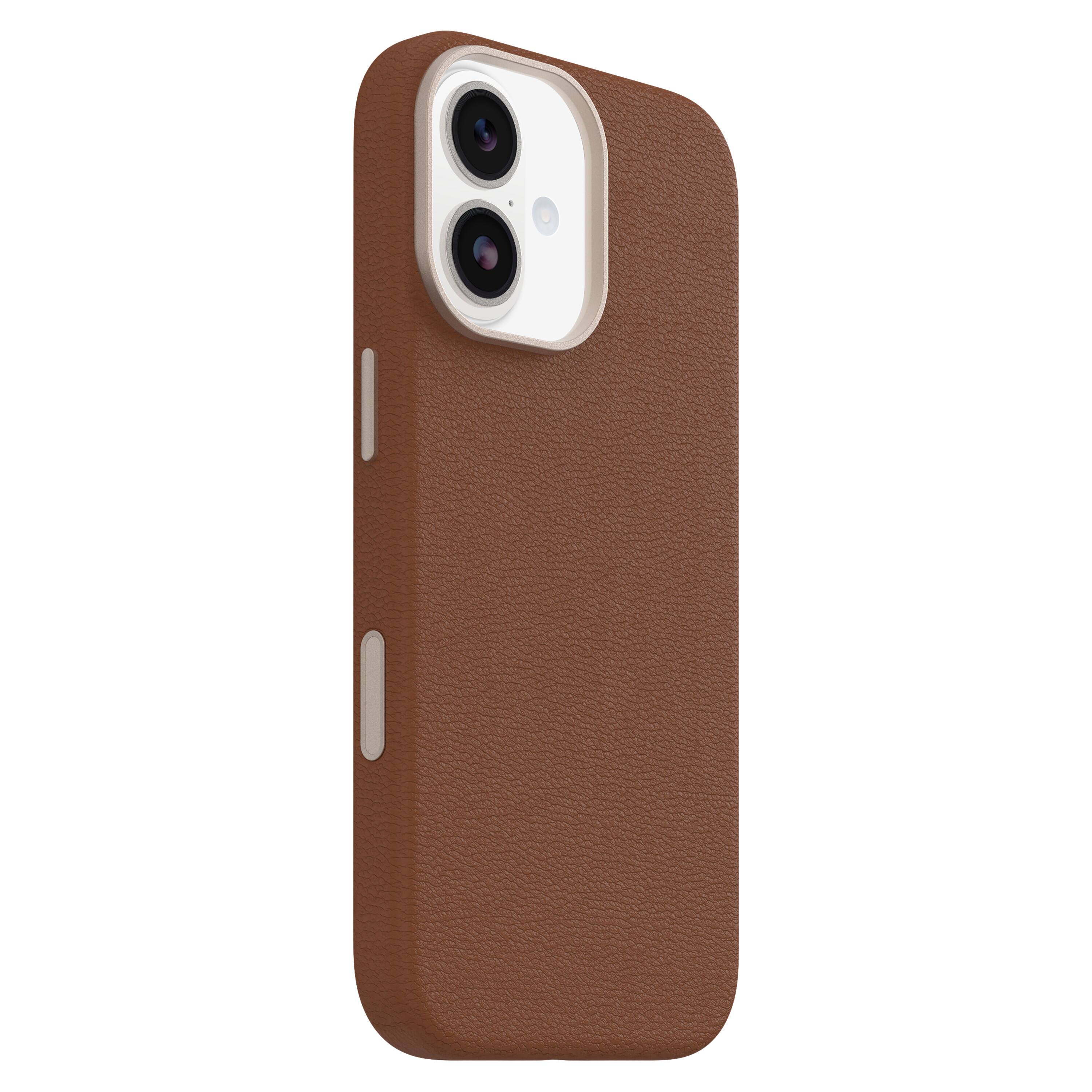 Left. OtterBox - Symmetry Cactus Leather Series Soft Shell for Apple iPhone 17 - Brown.