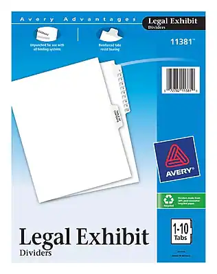 Avery Advantage Legal Exhibit Dividers
11381
Unprinted for use with all binding systems
Reinforced tabs resist tearing
Legal Exhibit Dividers
1-10 Tabs
Avery