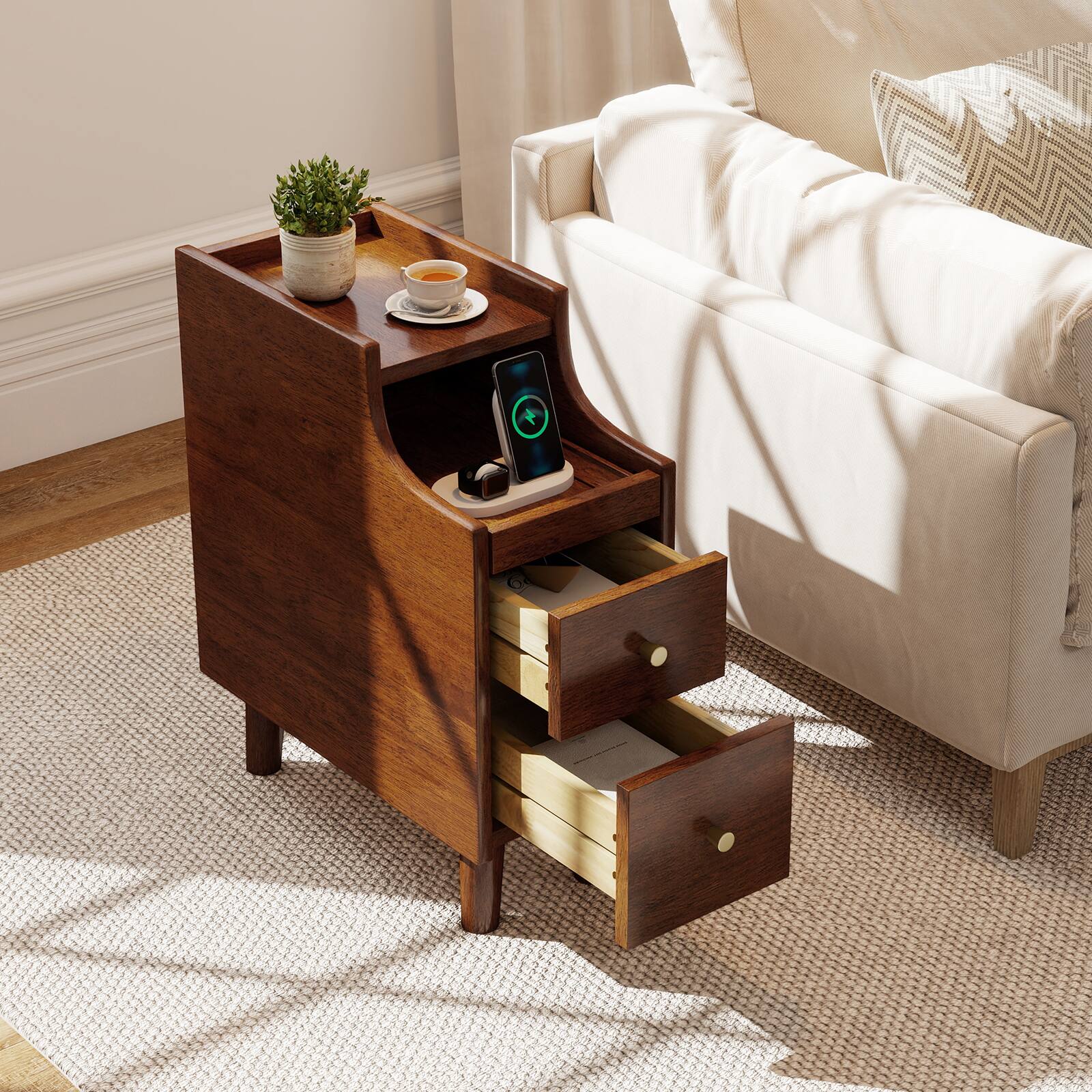 Alt View 1. Gymax - Gymax 2PCS Solid Wood End Table w/Pull-out Tray & 2 Storage Drawers Cable Management - Brown.