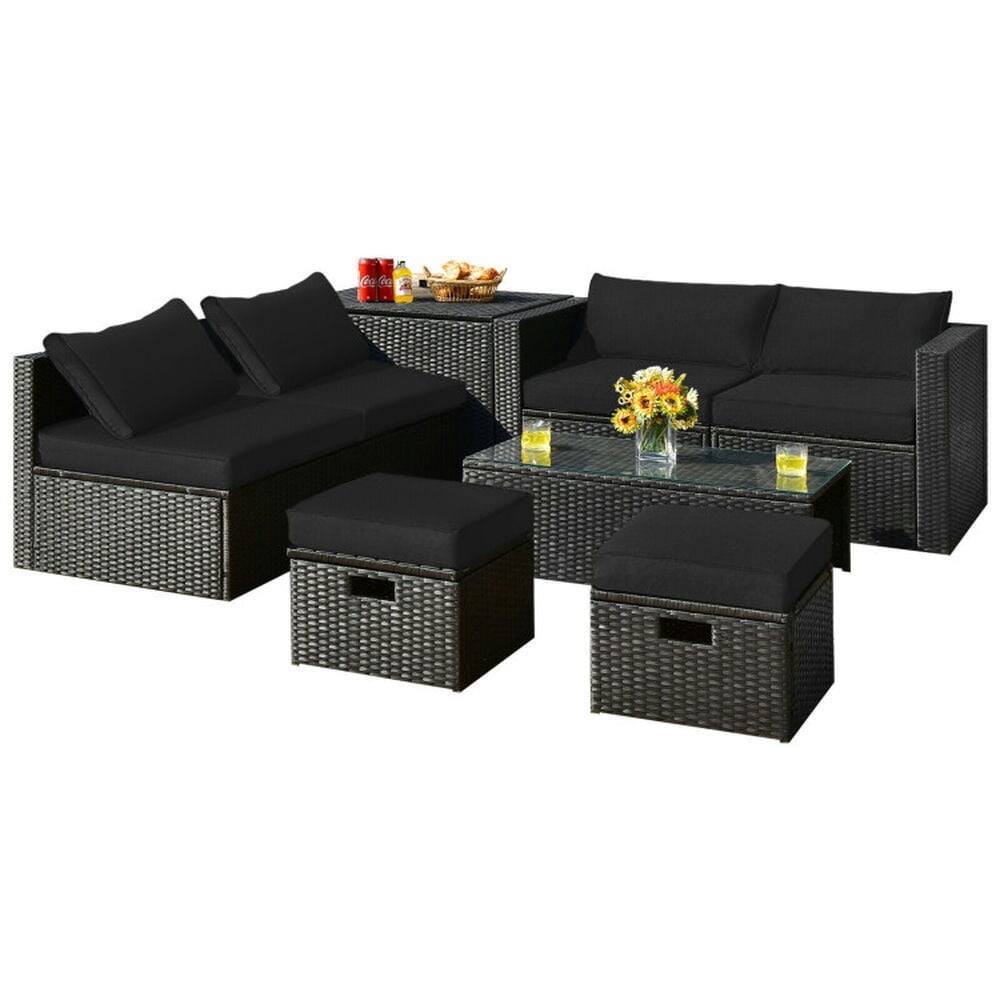 Back. Pefilos - 8 Pieces PE Rattan Storage Table Furniture Set, Space-Saving 8-Piece Modular Set with Rustproof Steel Frame - Black.