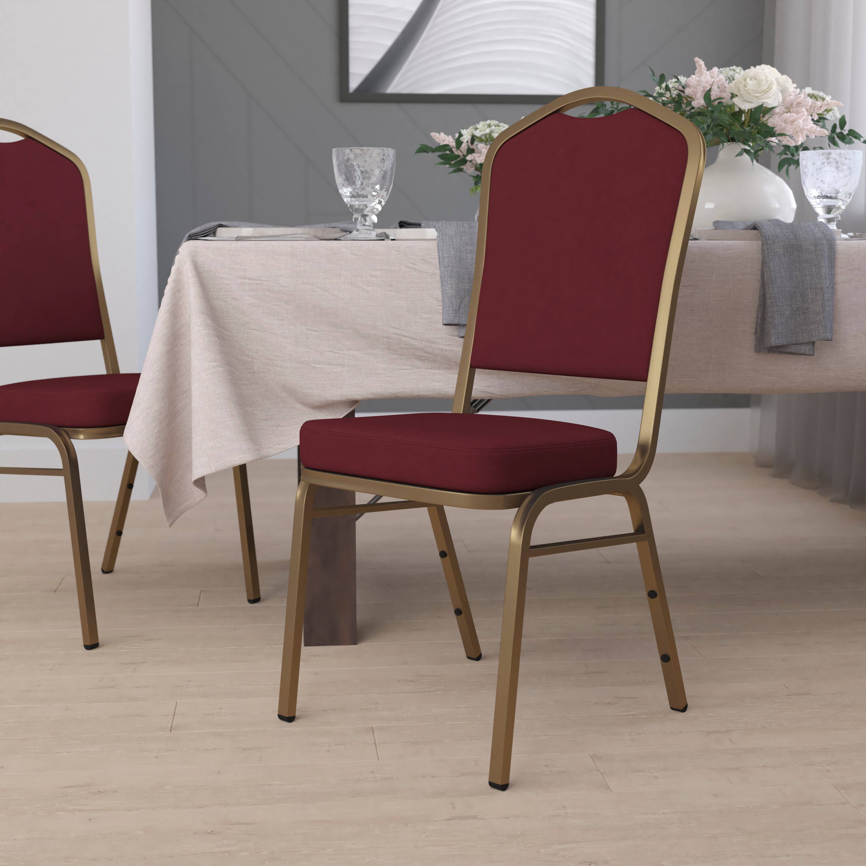 Alt View 1. Emma + Oliver - Crown Back Stacking Banquet Dining Chair - Burgundy Fabric/Gold Frame.