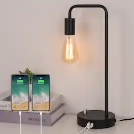 Oumilen - Black Industrial Desk Lamp with Dual USB Ports, 17.1in Tall, E26 Socket, Bulb Not Included