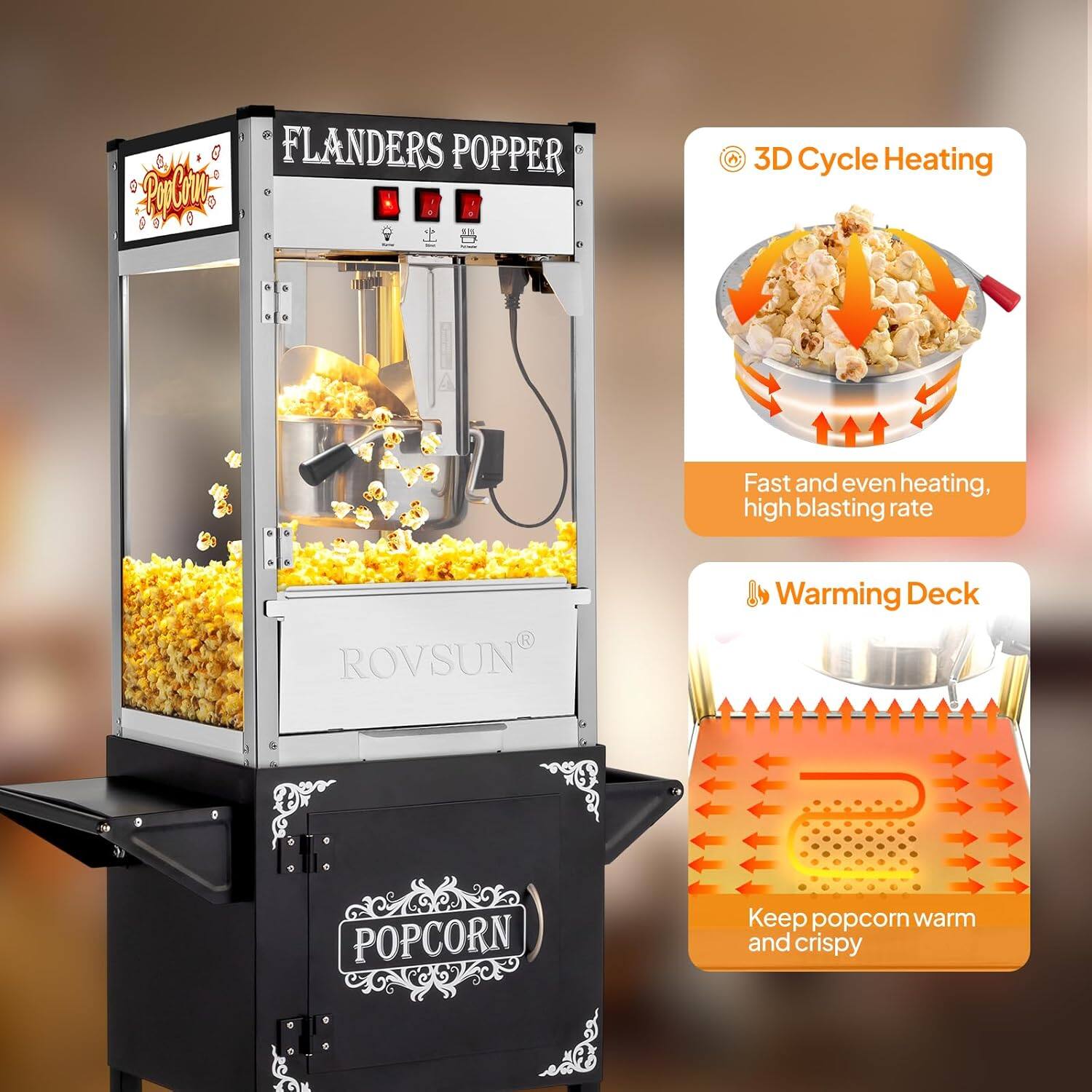 FLANDERS POPPER  
ROVSUN  

3D Cycle Heating  
Fast and even heating, high blasting rate  

Warming Deck  
Keep popcorn warm and crispy