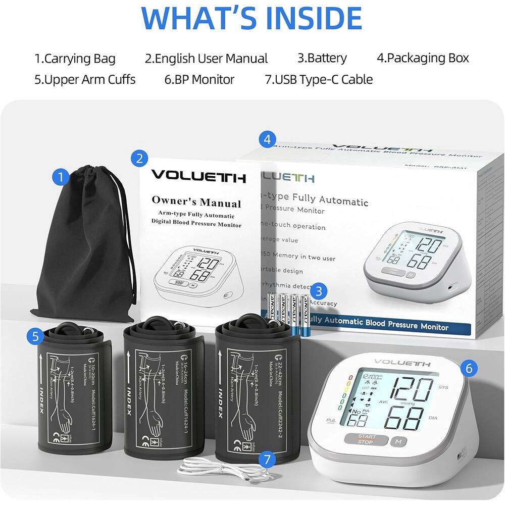 **WHAT'S INSIDE**

1. Carrying Bag  
2. English User Manual  
3. Battery  
4. Packaging Box  
5. Upper Arm Cuffs  
6. BP Monitor  
7. USB Type-C Cable  

---

**INDEX**

1. Carrying Bag  
2. Owner's Manual  
3. Arm-type Fully Automatic Digital Blood Pressure Monitor  
4. Packaging Box  
5. Upper Arm Cuffs  
6. BP Monitor  
7. USB Type-C Cable  

---

**VOLUETH**  
Arm-type Fully Automatic Digital Blood Pressure Monitor  

- One-touch operation  
- Memory in two users  
- Portable design  
- Rhythmia detect  
- Accuracy  

**Model: Culf1624-1**  
**No: PUL wog6cnu3545-5**  
**PLA**  

**Made in China**  

**INDEX**  
**12200C**  

**START**  
**STOP**  
**M**  

**PUL**  
**SYS**  
**DIA**  
**AVG**  
**68**  
**120**  
**68**  

**12:00**  
**12:00**  
