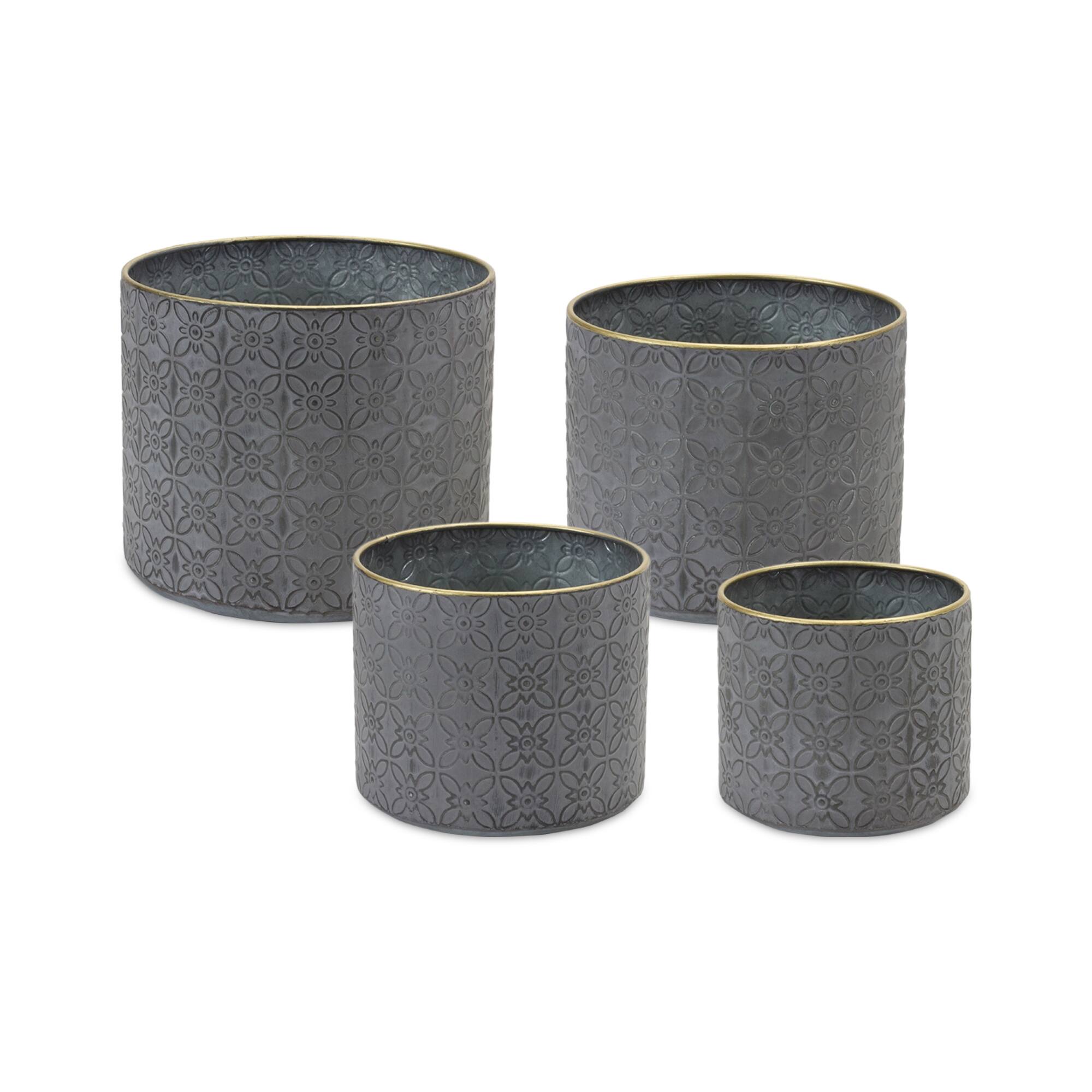 Front. BreeBe - Ornate Geometric Metal Planter (Set of 4) - Grey.