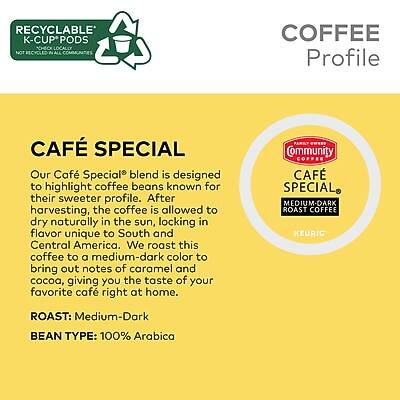 **RECYCLABLE K-CUP PODS**  
*NOT RECYCLED IN ALL COMMUNITIES*

**COFFEE Profile**

**CAFÉ SPECIAL**

Our Café Special blend is designed to highlight coffee beans known for their sweeter profile. After harvesting, the coffee is allowed to dry naturally in the sun, locking in flavor unique to South and Central America. We roast this coffee to a medium-dark color to bring out notes of caramel and cocoa, giving you the taste of your favorite café right at home.

**ROAST:** Medium-Dark

**BEAN TYPE:** 100% Arabica