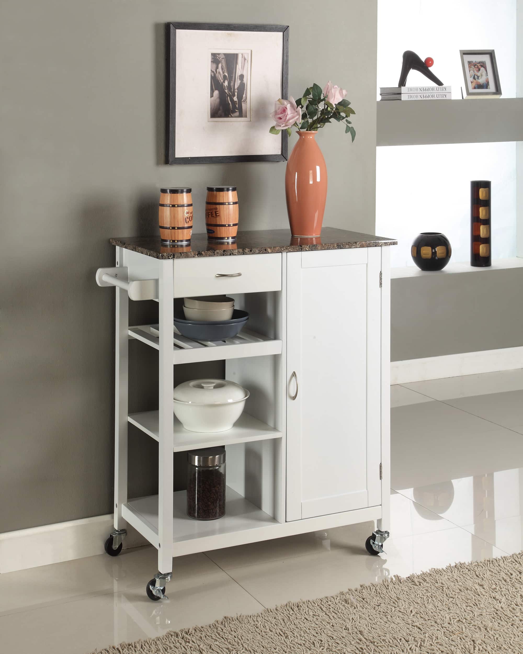 Kings Brand Furniture - Sanford Wood & Marble Finish Top Kitchen Storage Cabinet Cart - White