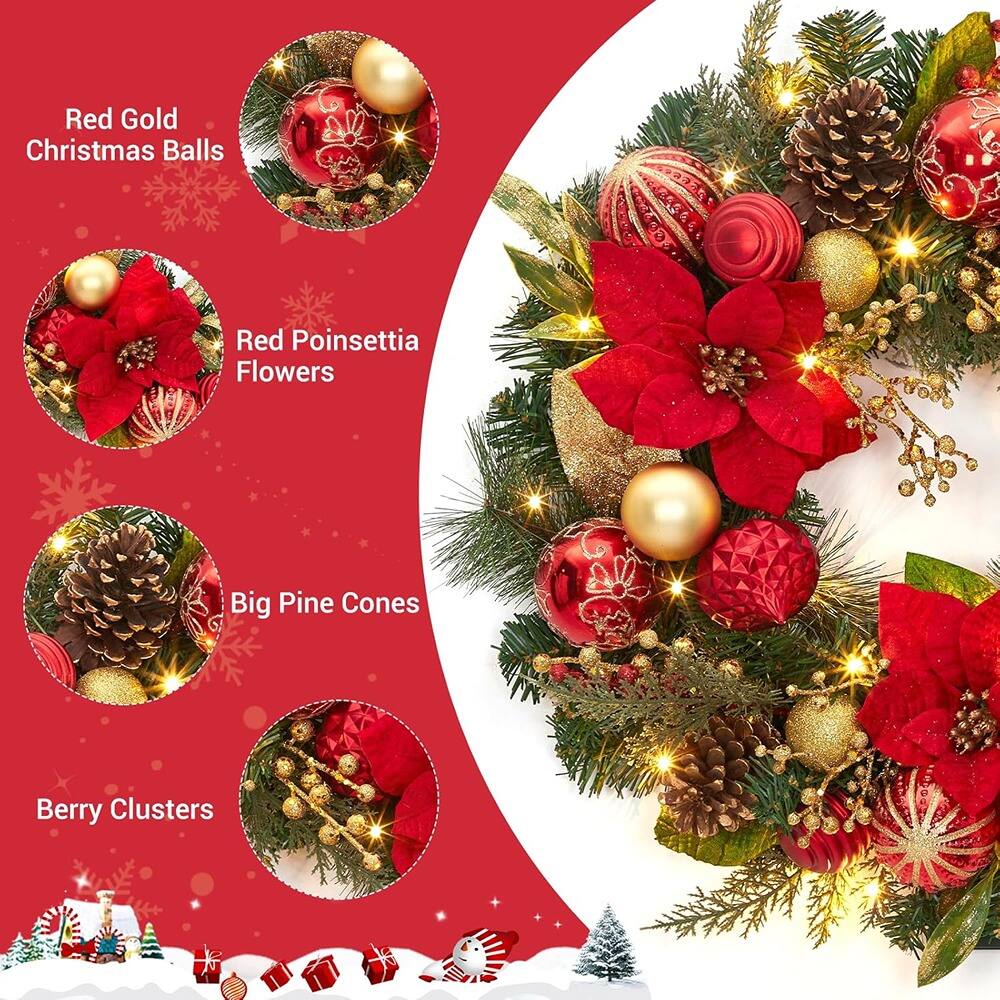 Red Gold Christmas Balls  
Red Poinsettia Flowers  
Big Pine Cones  
Berry Clusters