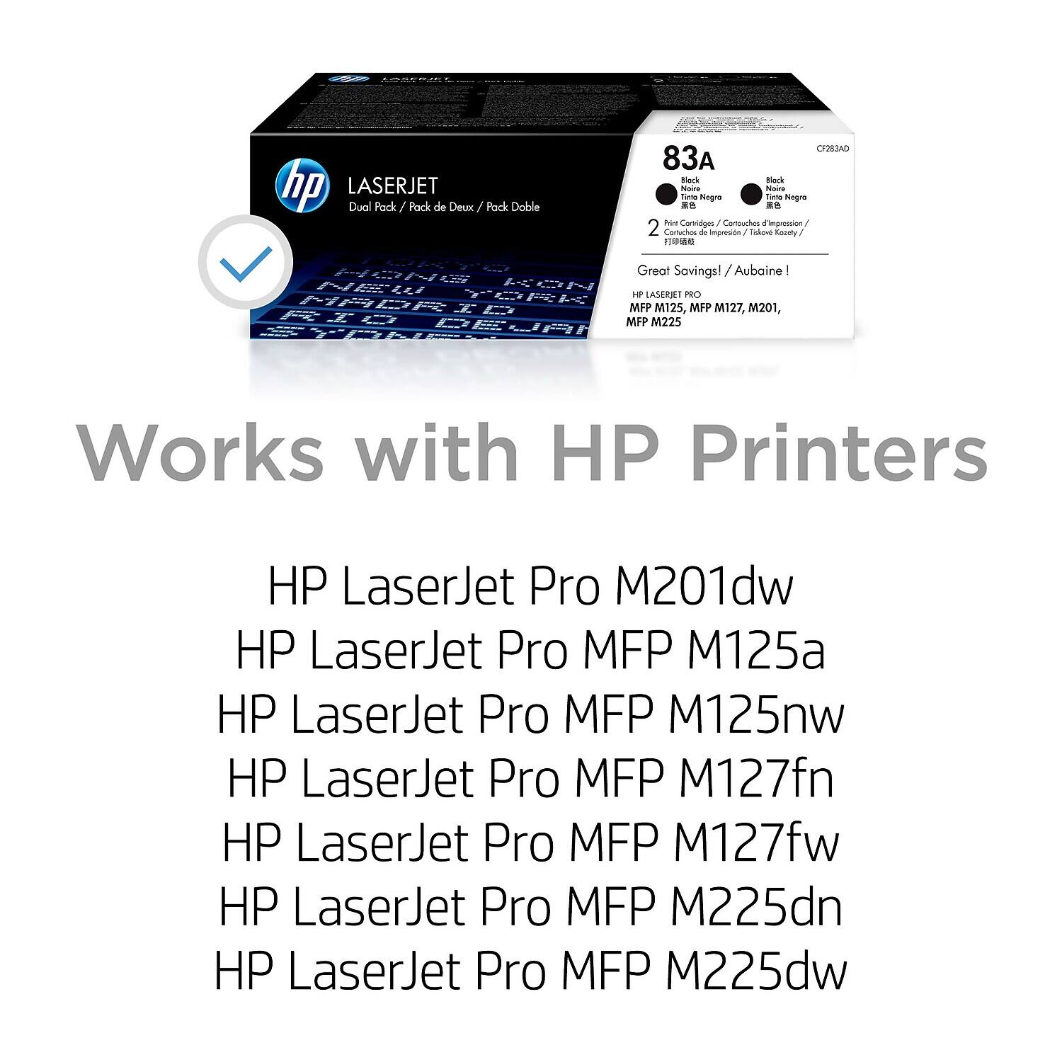 ROMECO hp LASERJET Dual Pack / Pack de Deux / Pack Doble CERJAD 83A Black - 2 Cartridges / Cartouches d'Impression 2 Canturtos + impresn Talonc Rassiy, Great Savings! / Aubaine! HP LASERJET PRO MFP M125, M127, M201, M225 Works with HP Printers HP LaserJet Pro M201dw HP LaserJet Pro MFP M125 HP LaserJet Pro MFP M125nw HP LaserJet Pro MFP M127fn HP LaserJet Pro MFP M127fw HP LaserJet Pro MFP M225dn HP LaserJet Pro MFP M225dw